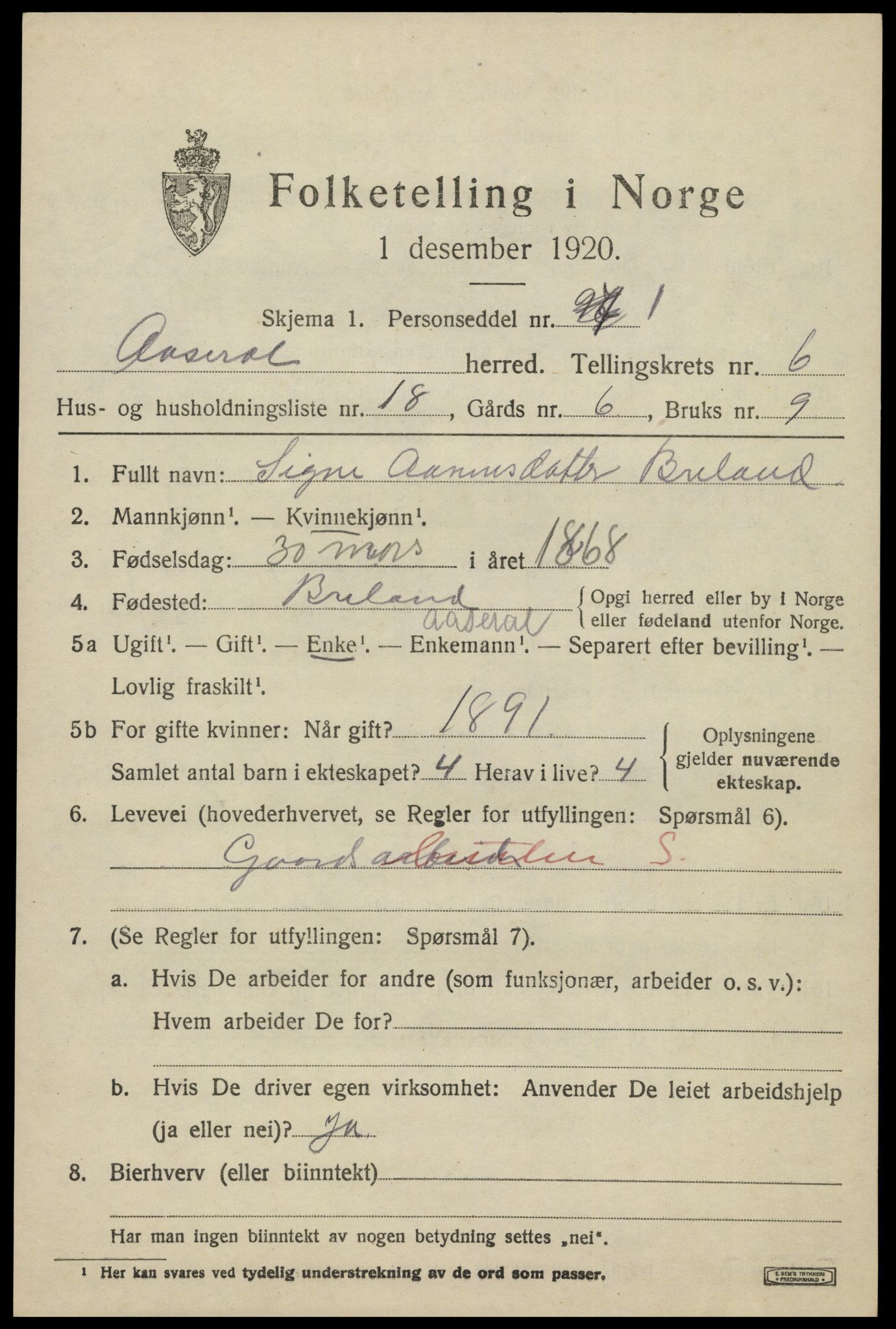 SAK, 1920 census for Åseral, 1920, p. 1990