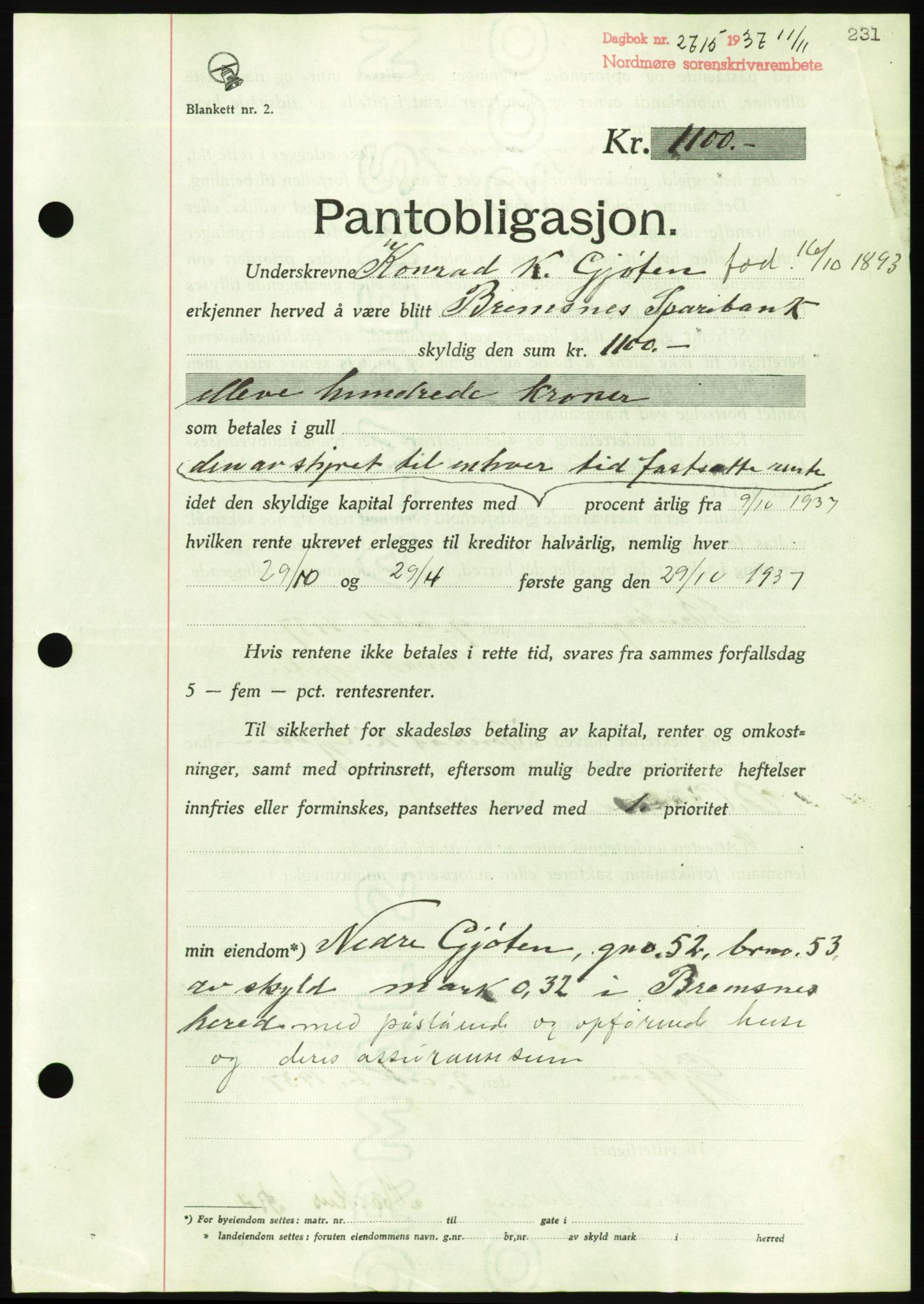 Nordmøre sorenskriveri, AV/SAT-A-4132/1/2/2Ca/L0092: Mortgage book no. B82, 1937-1938, Diary no: : 2715/1937