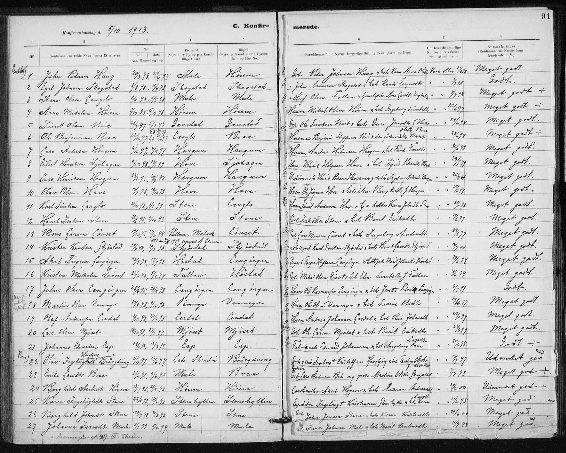 Ministerialprotokoller, klokkerbøker og fødselsregistre - Sør-Trøndelag, SAT/A-1456/612/L0381: Parish register (official) no. 612A13, 1907-1923, p. 91