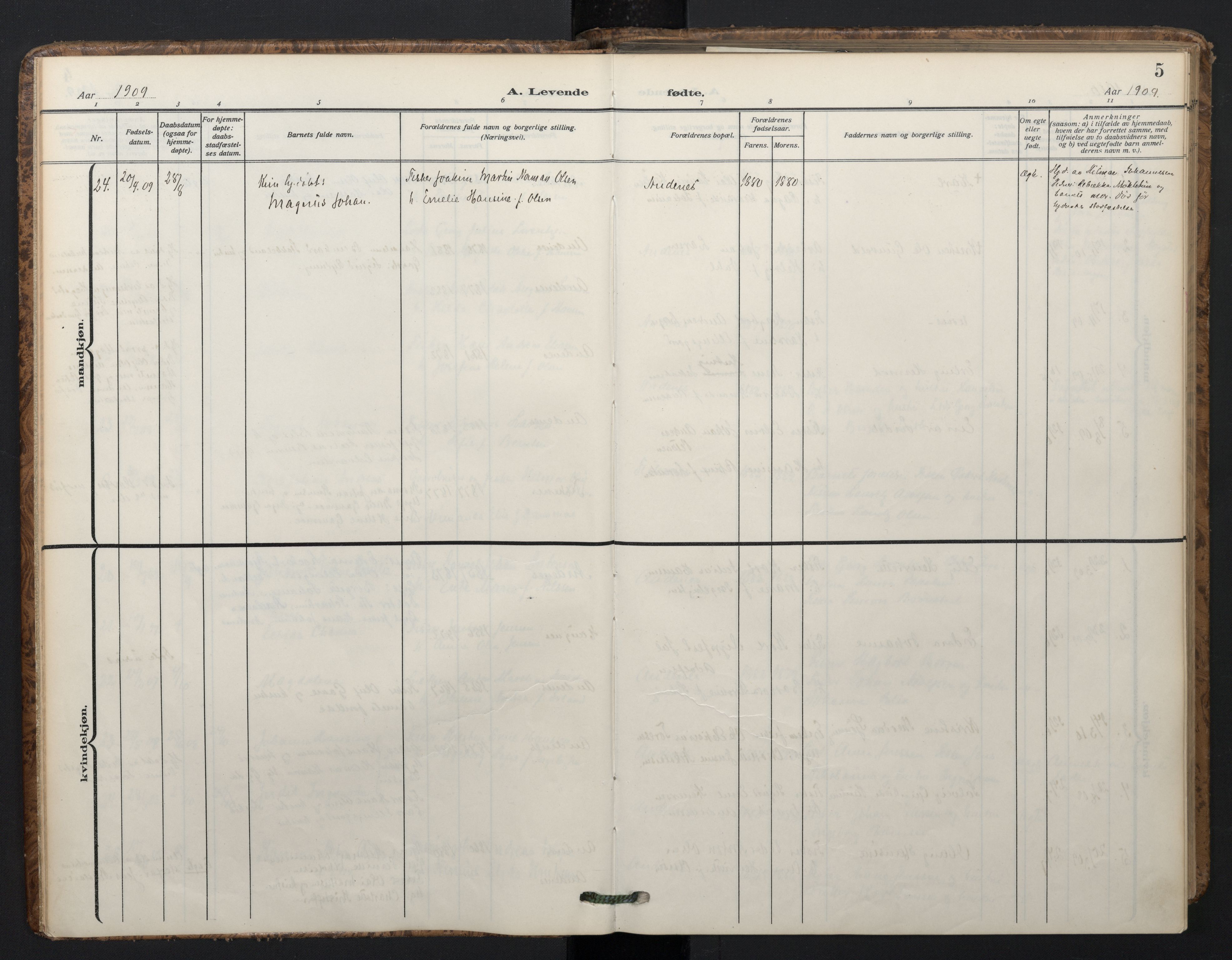 Ministerialprotokoller, klokkerbøker og fødselsregistre - Nordland, SAT/A-1459/899/L1438: Parish register (official) no. 899A06, 1909-1922, p. 5