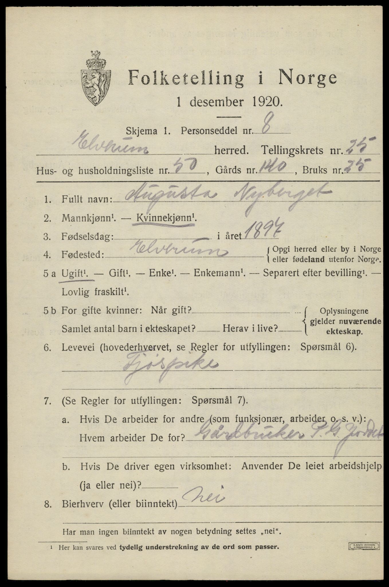 SAH, 1920 census for Elverum, 1920, p. 26836