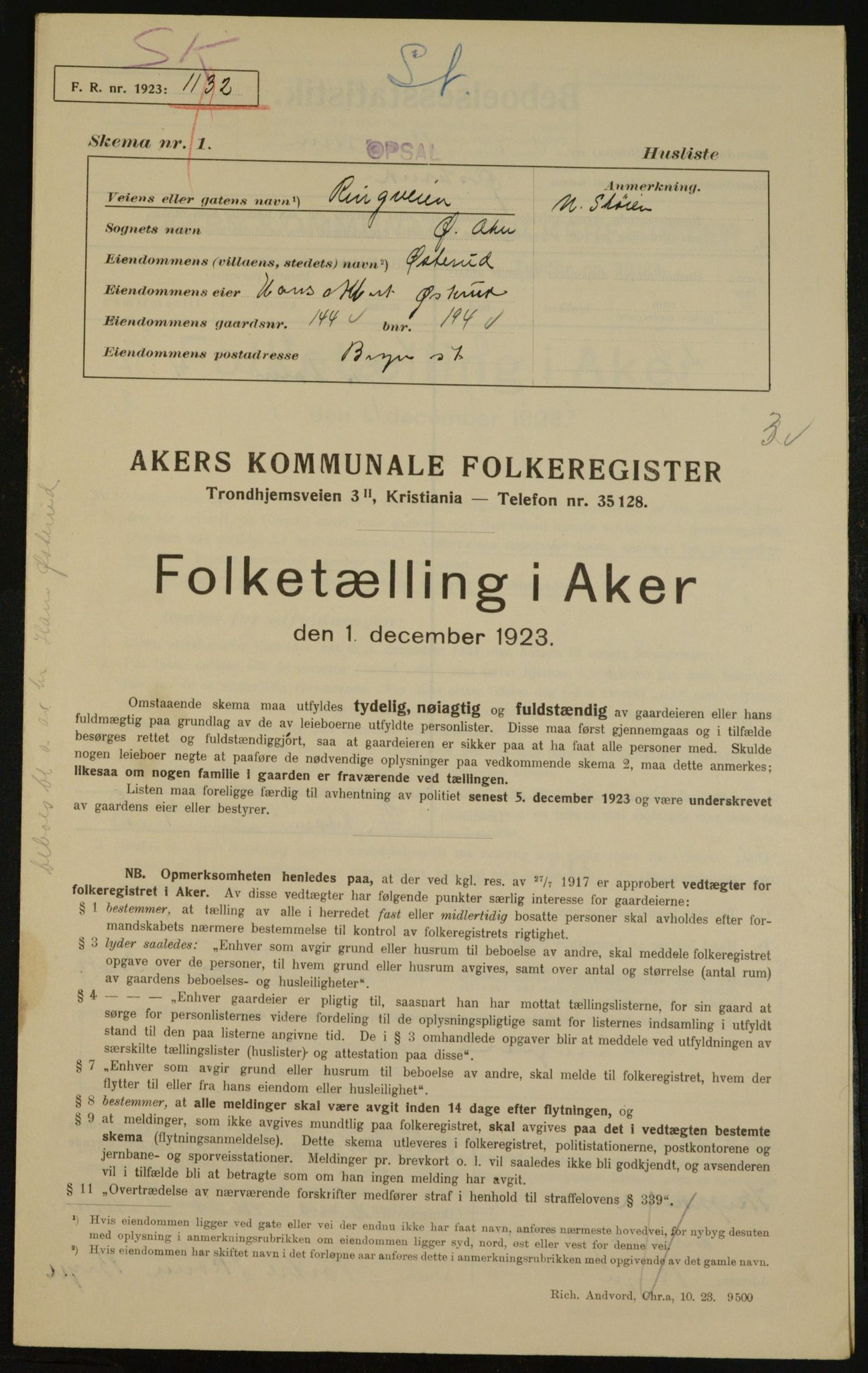 , Municipal Census 1923 for Aker, 1923, p. 29671