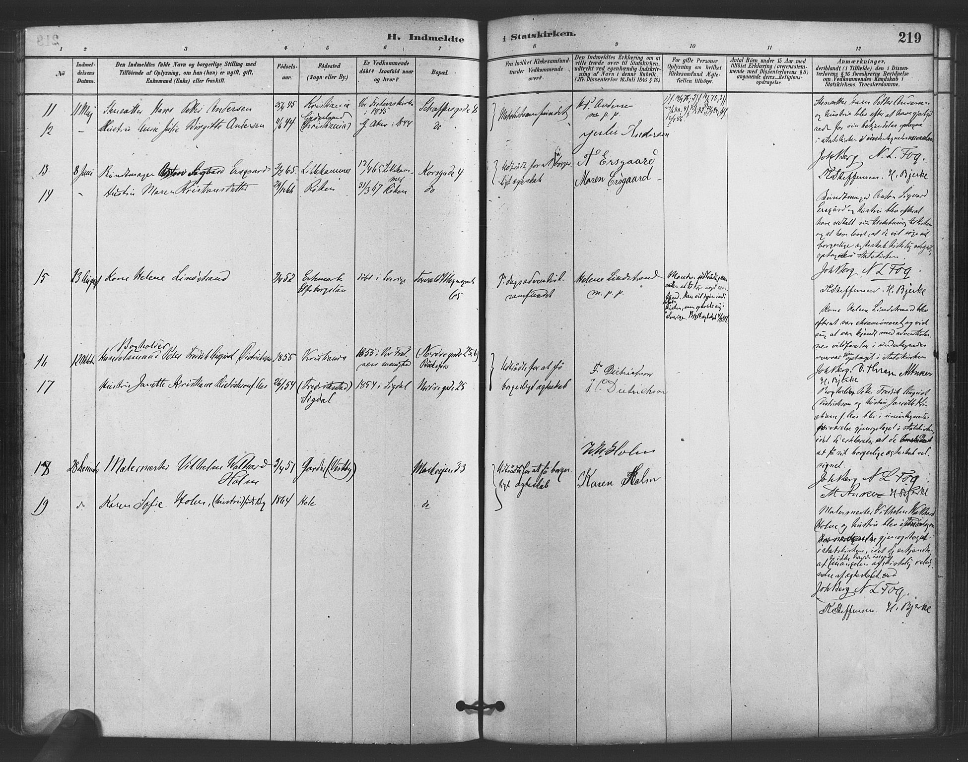 Paulus prestekontor Kirkebøker, AV/SAO-A-10871/F/Fa/L0005: Parish register (official) no. 5, 1879-1889, p. 219