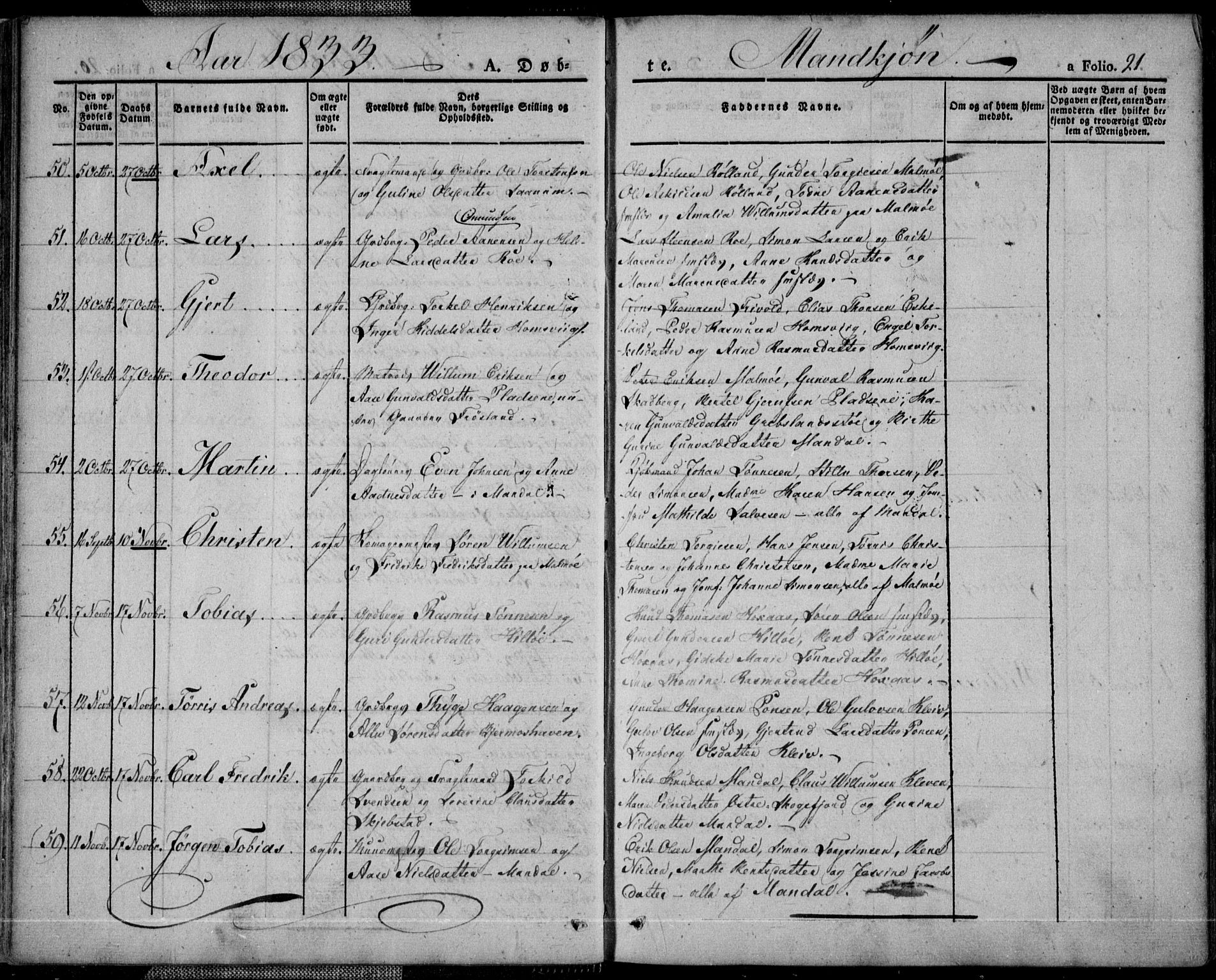 Mandal sokneprestkontor, SAK/1111-0030/F/Fa/Faa/L0011: Parish register (official) no. A 11, 1830-1839, p. 21