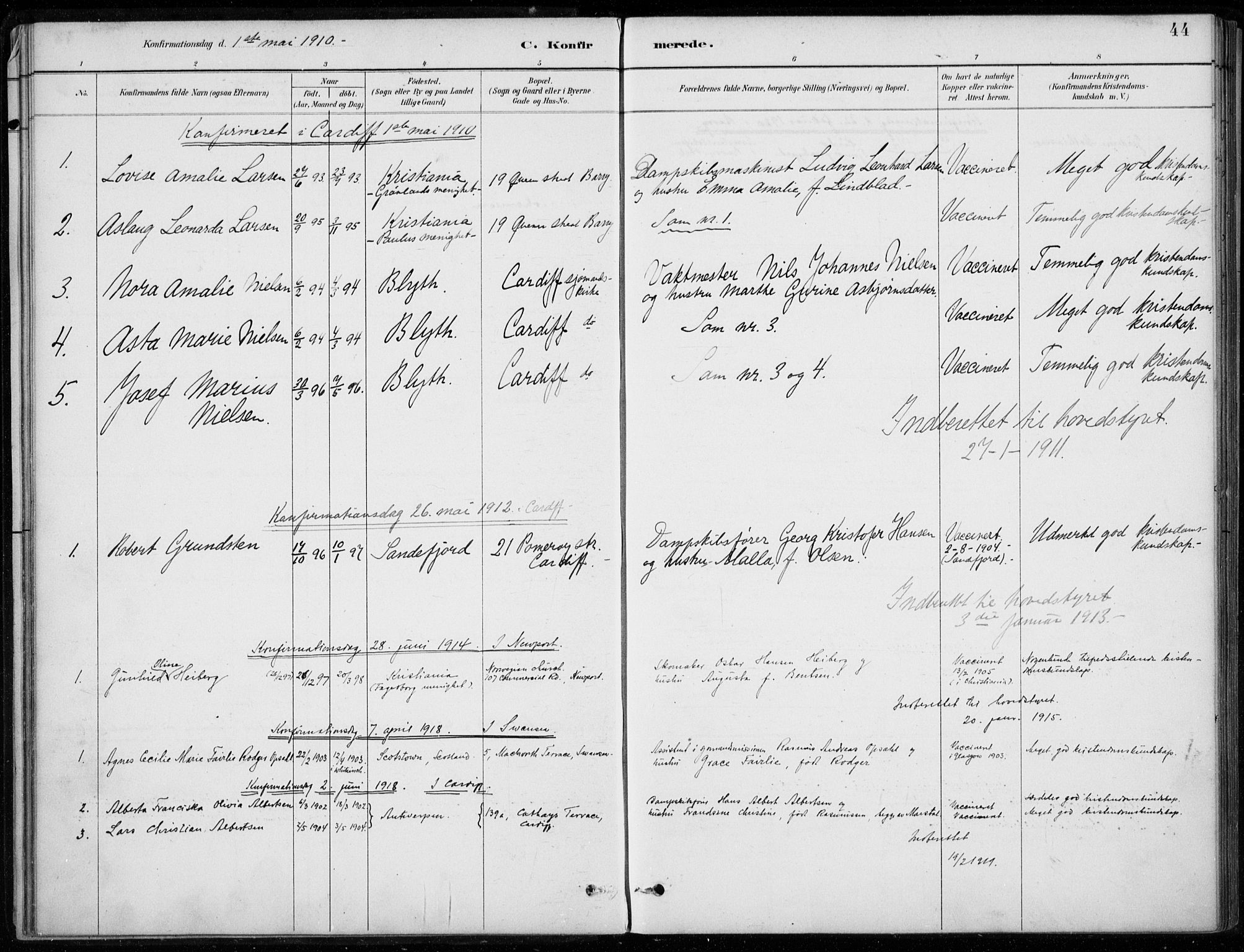 Den norske sjømannsmisjon i utlandet/Bristolhavnene(Cardiff-Swansea), SAB/SAB/PA-0102/H/Ha/Haa/L0002: Parish register (official) no. A 2, 1887-1932, p. 44