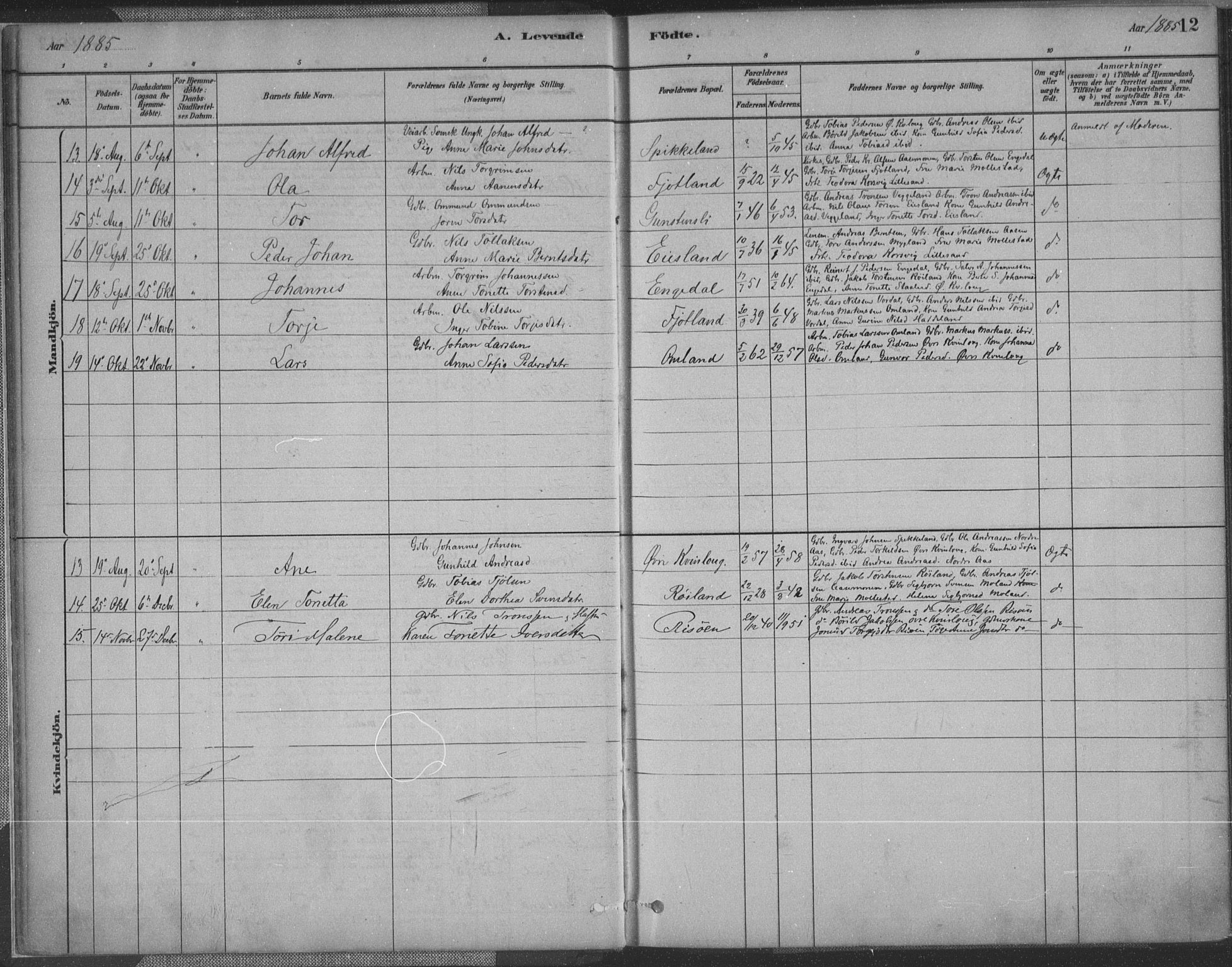 Fjotland sokneprestkontor, AV/SAK-1111-0010/F/Fa/L0002: Parish register (official) no. A 2, 1880-1898, p. 12