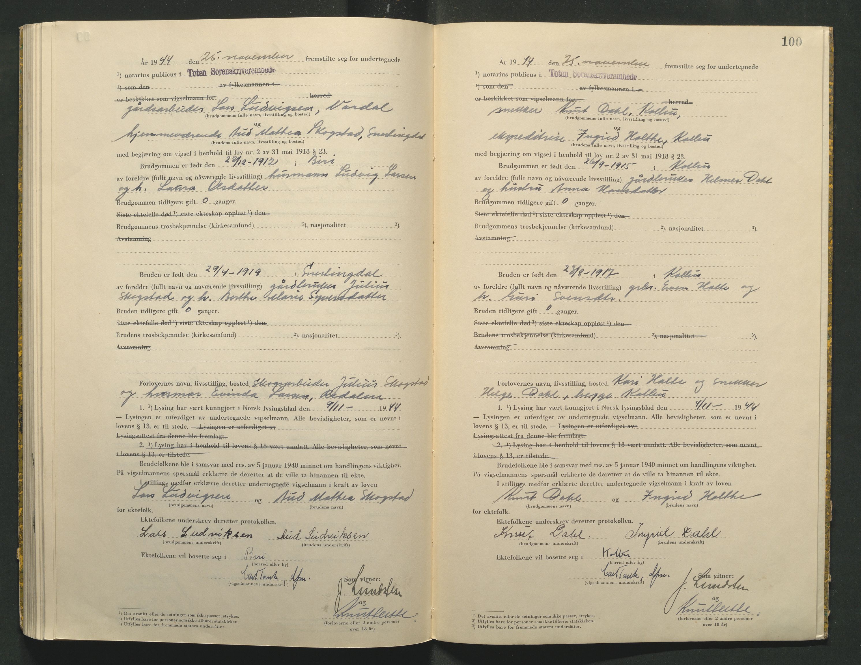 Toten tingrett, AV/SAH-TING-006/L/Lc/L0004: Vigselbok, 1944, p. 100
