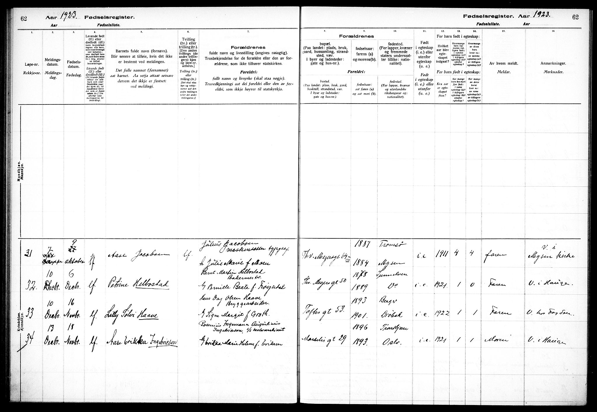 Hauge prestekontor Kirkebøker, AV/SAO-A-10849/J/Ja/L0001: Birth register no. 1, 1917-1938, p. 62