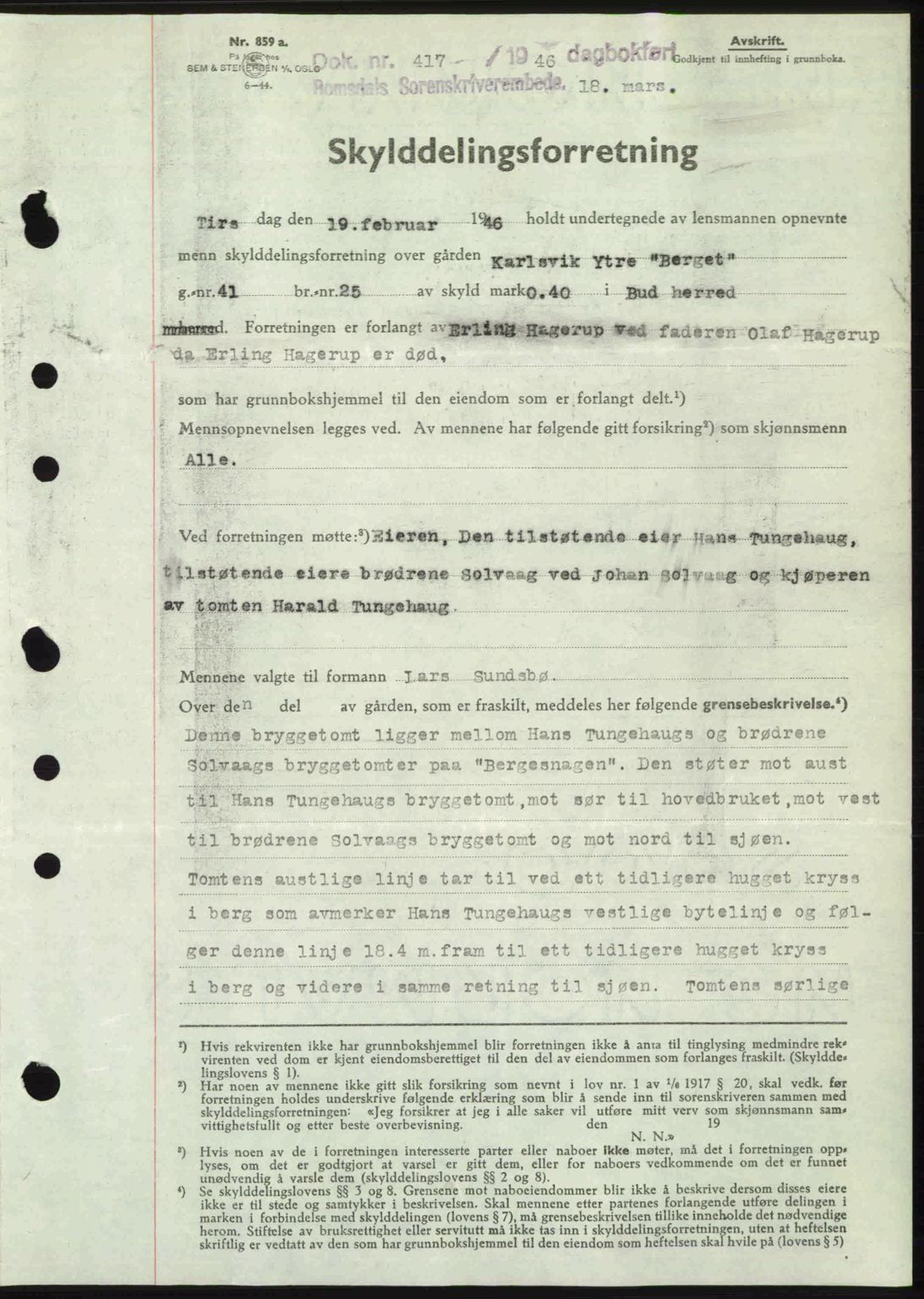 Romsdal sorenskriveri, SAT/A-4149/1/2/2C: Mortgage book no. A19, 1946-1946, Diary no: : 417/1946