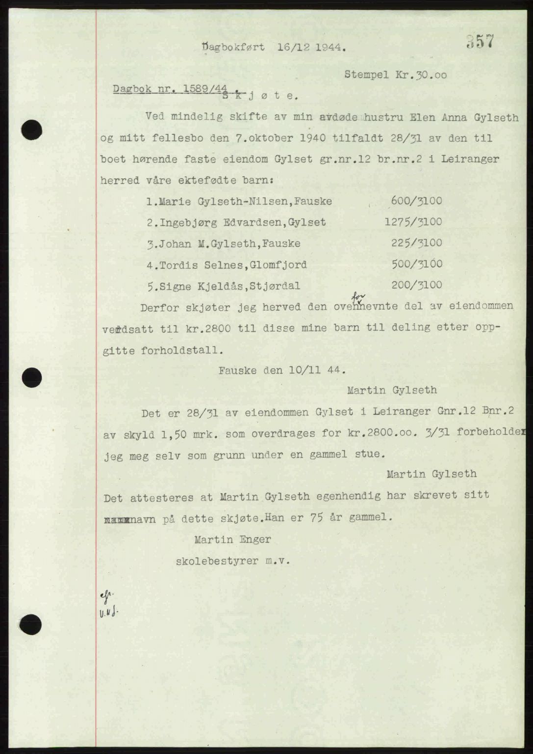 Steigen og Ofoten sorenskriveri, AV/SAT-A-0030/1/2/2C: Mortgage book no. A2, 1942-1948, Diary no: : 1589/1944