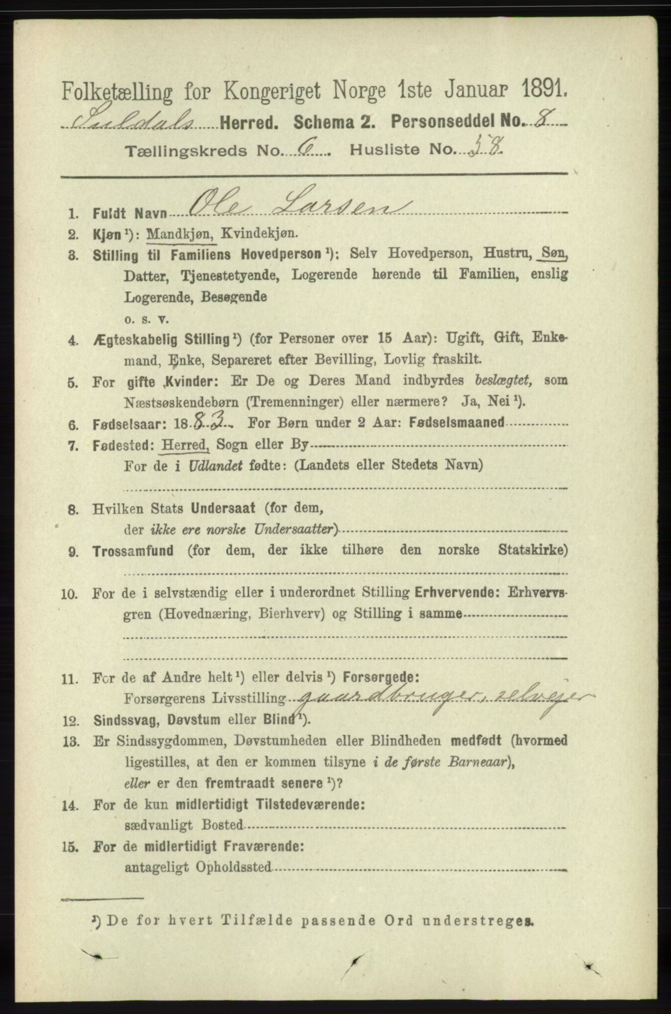 RA, 1891 census for 1134 Suldal, 1891, p. 1926