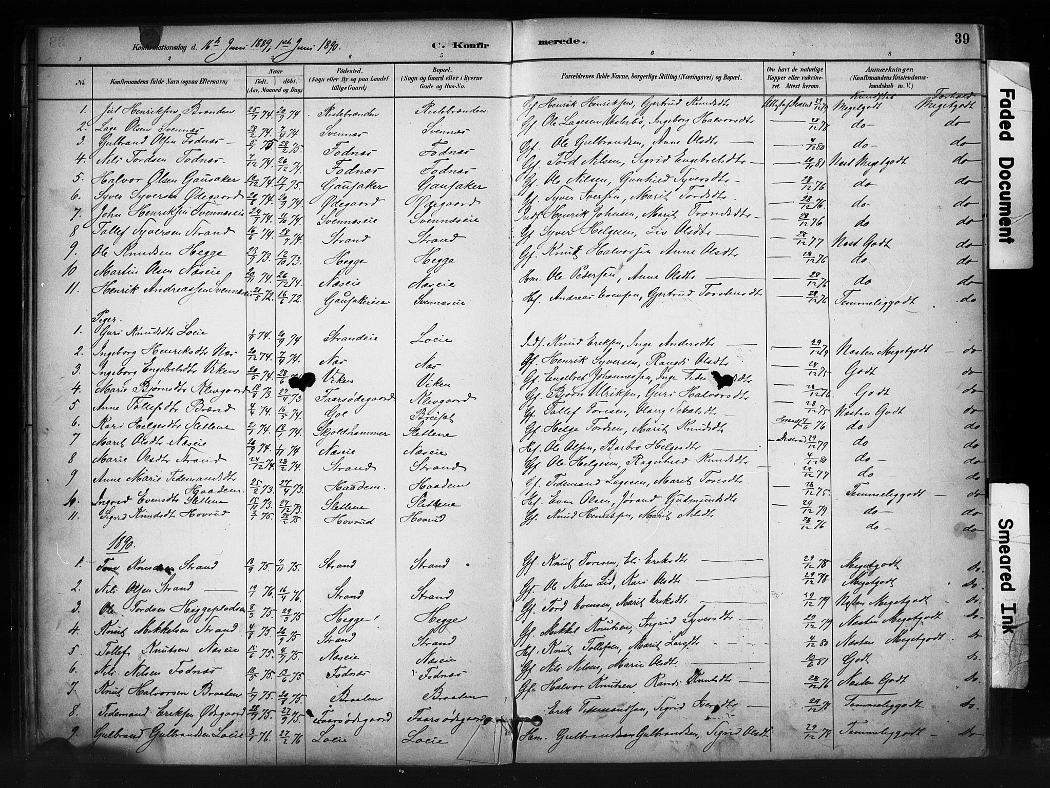 Nord-Aurdal prestekontor, AV/SAH-PREST-132/H/Ha/Haa/L0010: Parish register (official) no. 10, 1883-1896, p. 39