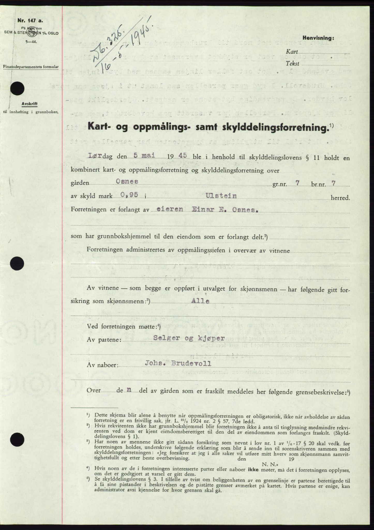 Søre Sunnmøre sorenskriveri, AV/SAT-A-4122/1/2/2C/L0077: Mortgage book no. 3A, 1945-1946, Diary no: : 325/1945