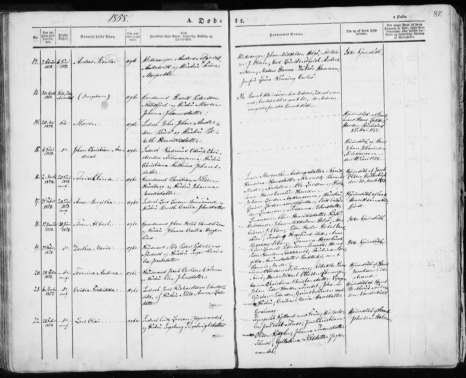Karlsøy sokneprestembete, AV/SATØ-S-1299/H/Ha/Haa/L0003kirke: Parish register (official) no. 3, 1843-1860, p. 87