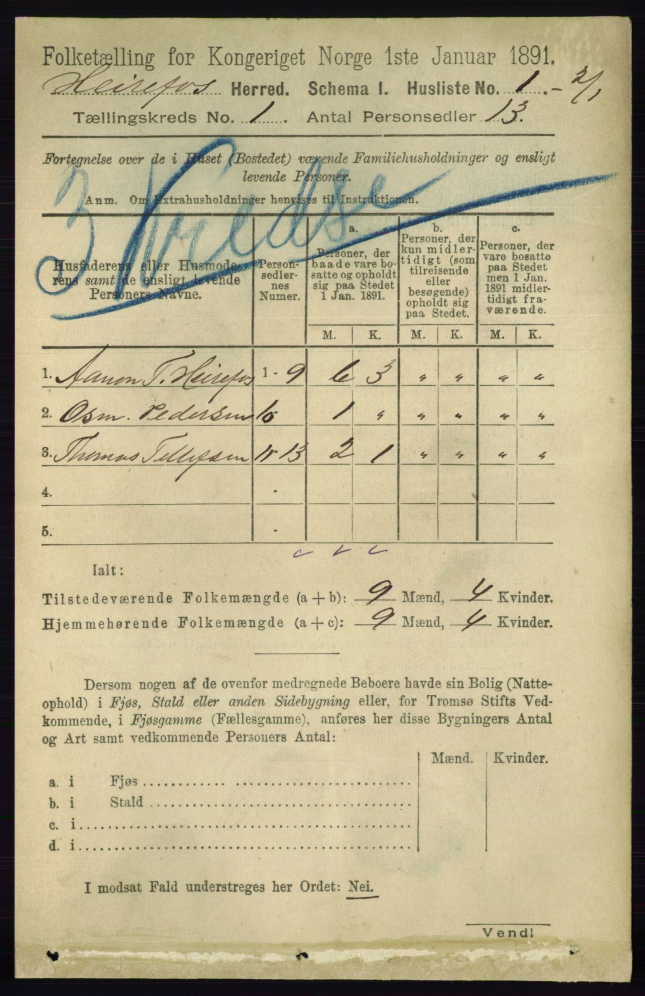 RA, 1891 census for 0933 Herefoss, 1891, p. 13