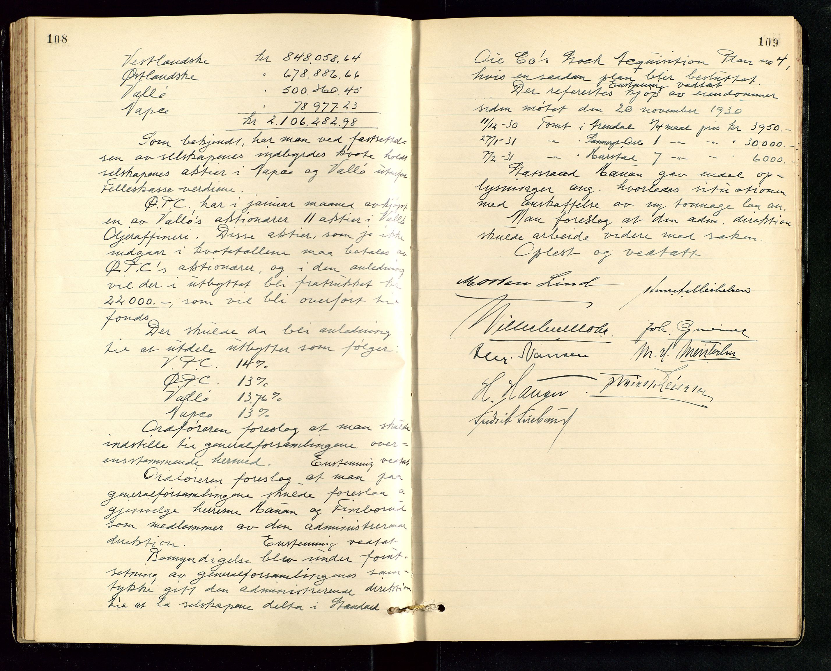 PA 1534 - Østlandske Petroleumscompagni A/S, AV/SAST-A-101954/A/Aa/L0006/0001: Direksjonsprotokoller / Protokoll for Den Store Direksjon, 1922-1952, p. 108-109