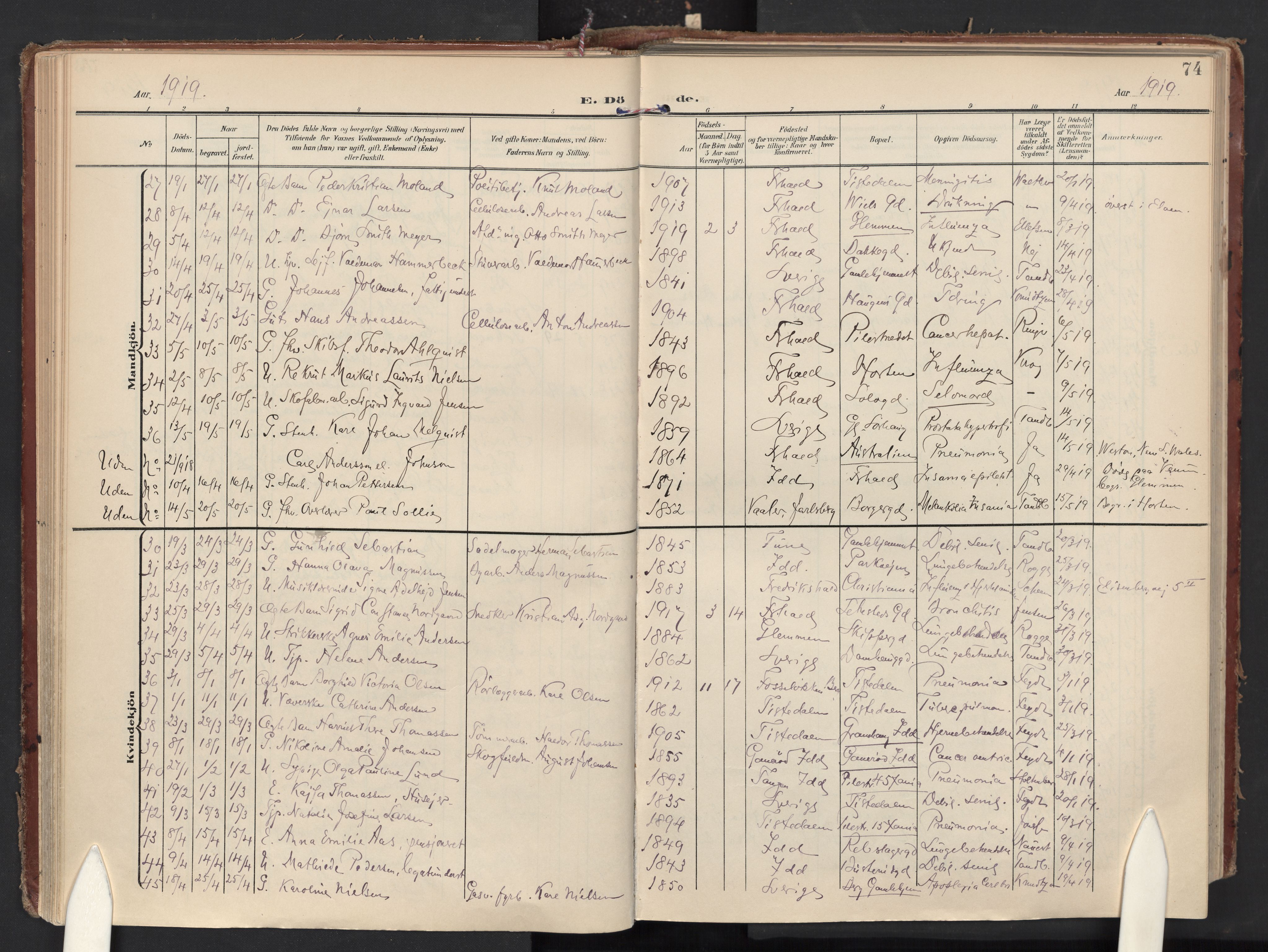 Halden prestekontor Kirkebøker, SAO/A-10909/F/Fa/L0016: Parish register (official) no. I 16, 1907-1925, p. 74