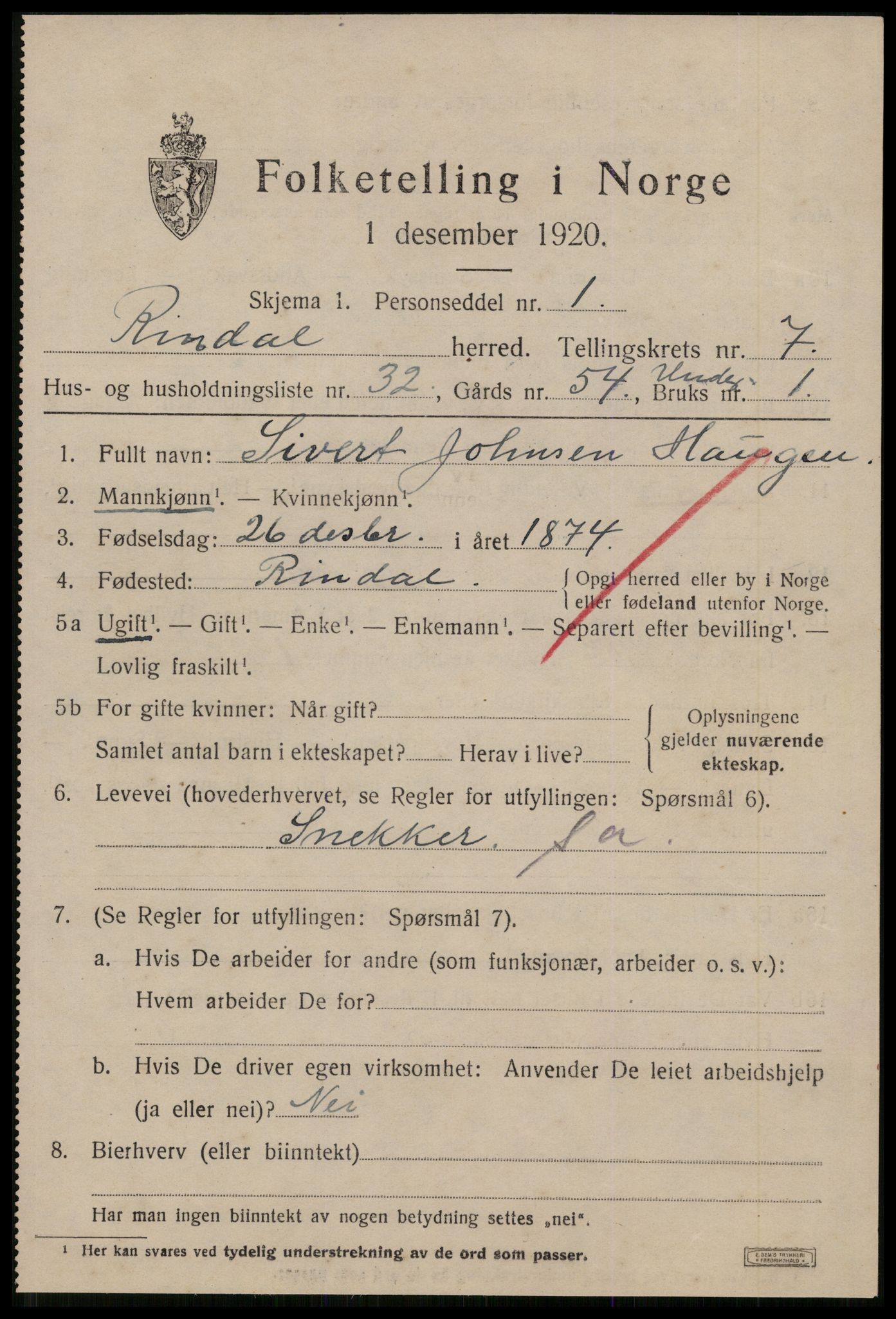 SAT, 1920 census for Rindal, 1920, p. 3940