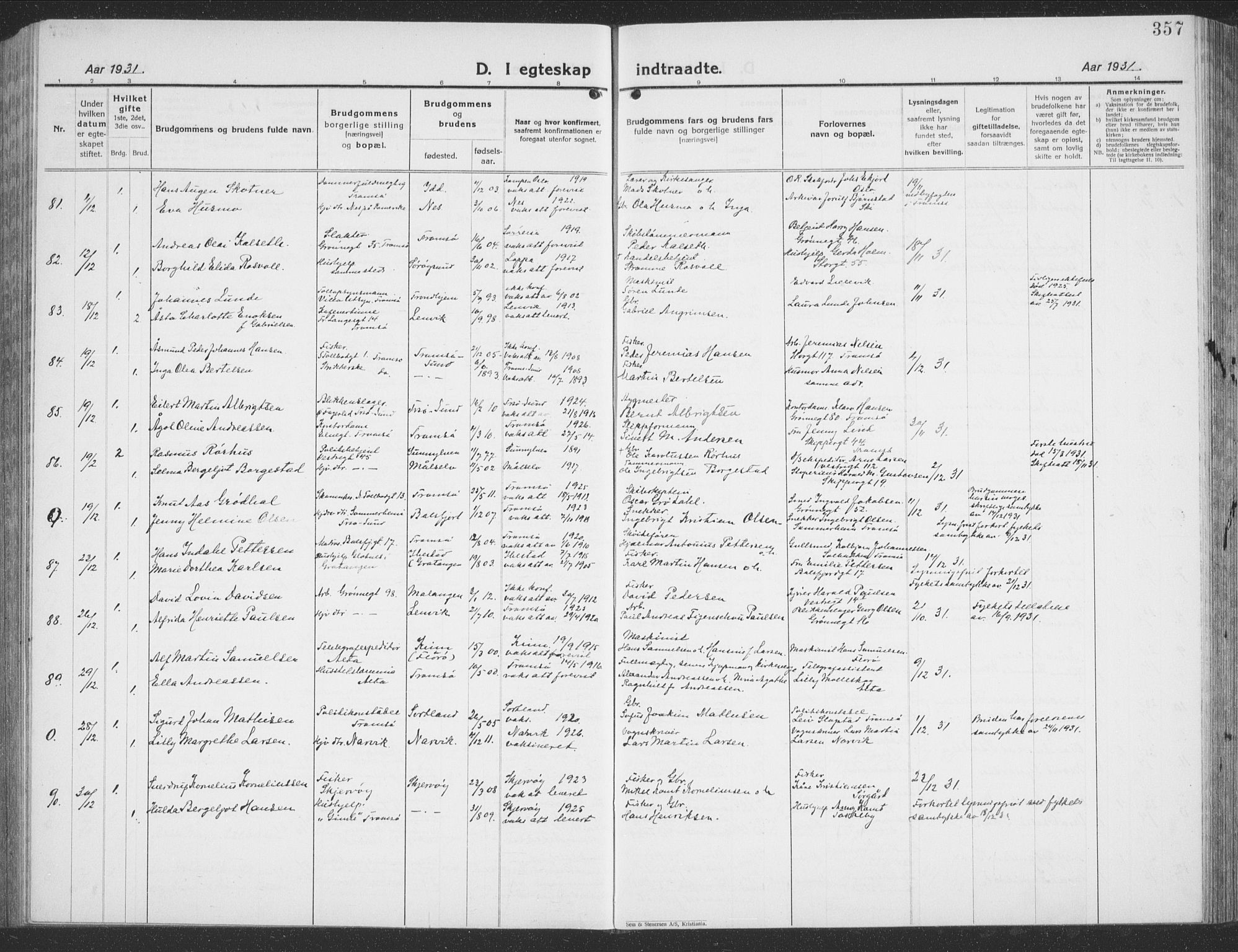 Tromsø sokneprestkontor/stiftsprosti/domprosti, AV/SATØ-S-1343/G/Gb/L0010klokker: Parish register (copy) no. 10, 1925-1937, p. 357