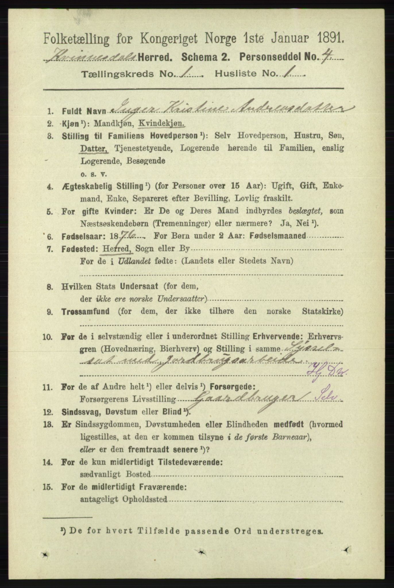 RA, 1891 census for 1037 Kvinesdal, 1891, p. 77