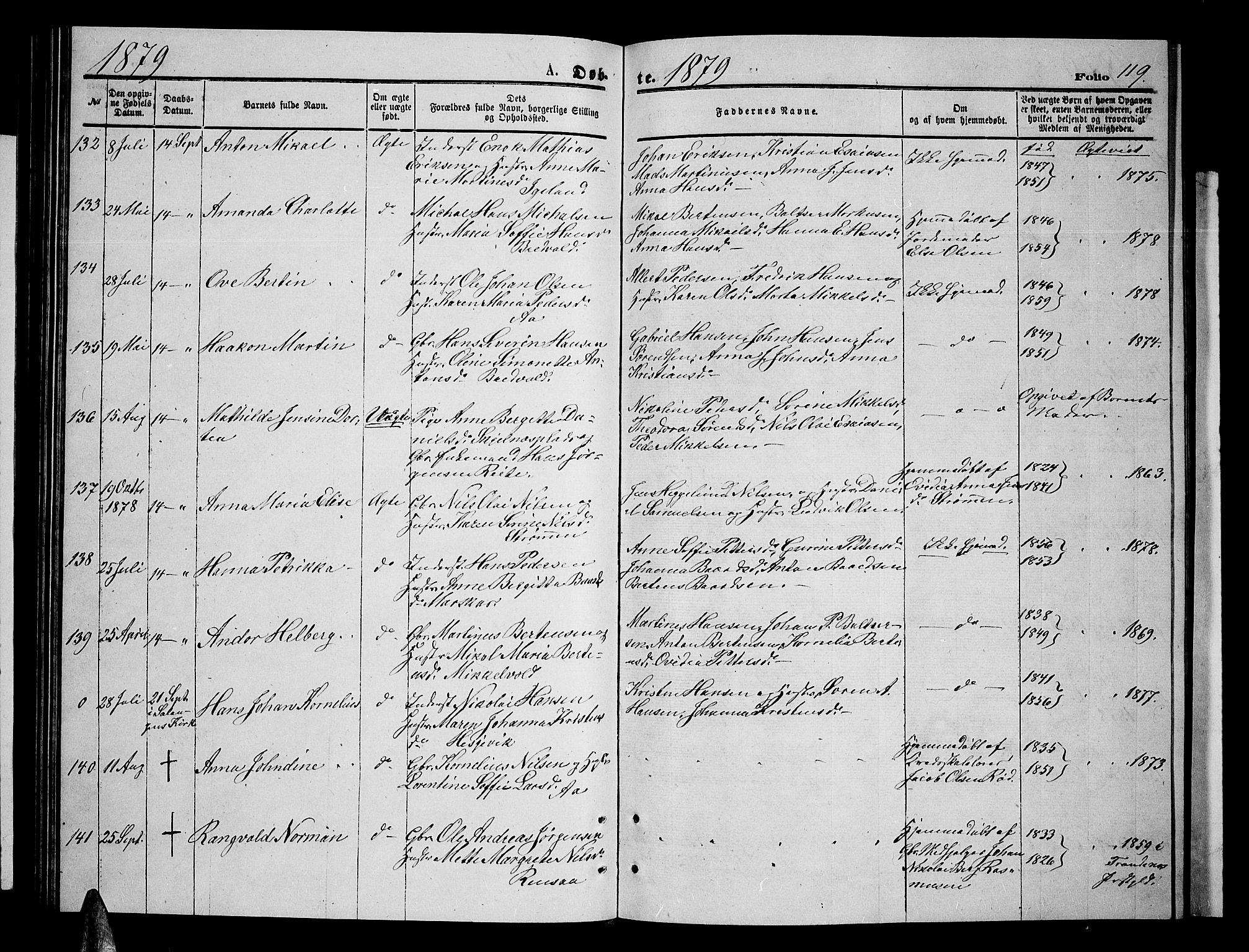 Ibestad sokneprestembete, AV/SATØ-S-0077/H/Ha/Hab/L0006klokker: Parish register (copy) no. 6, 1871-1879, p. 119