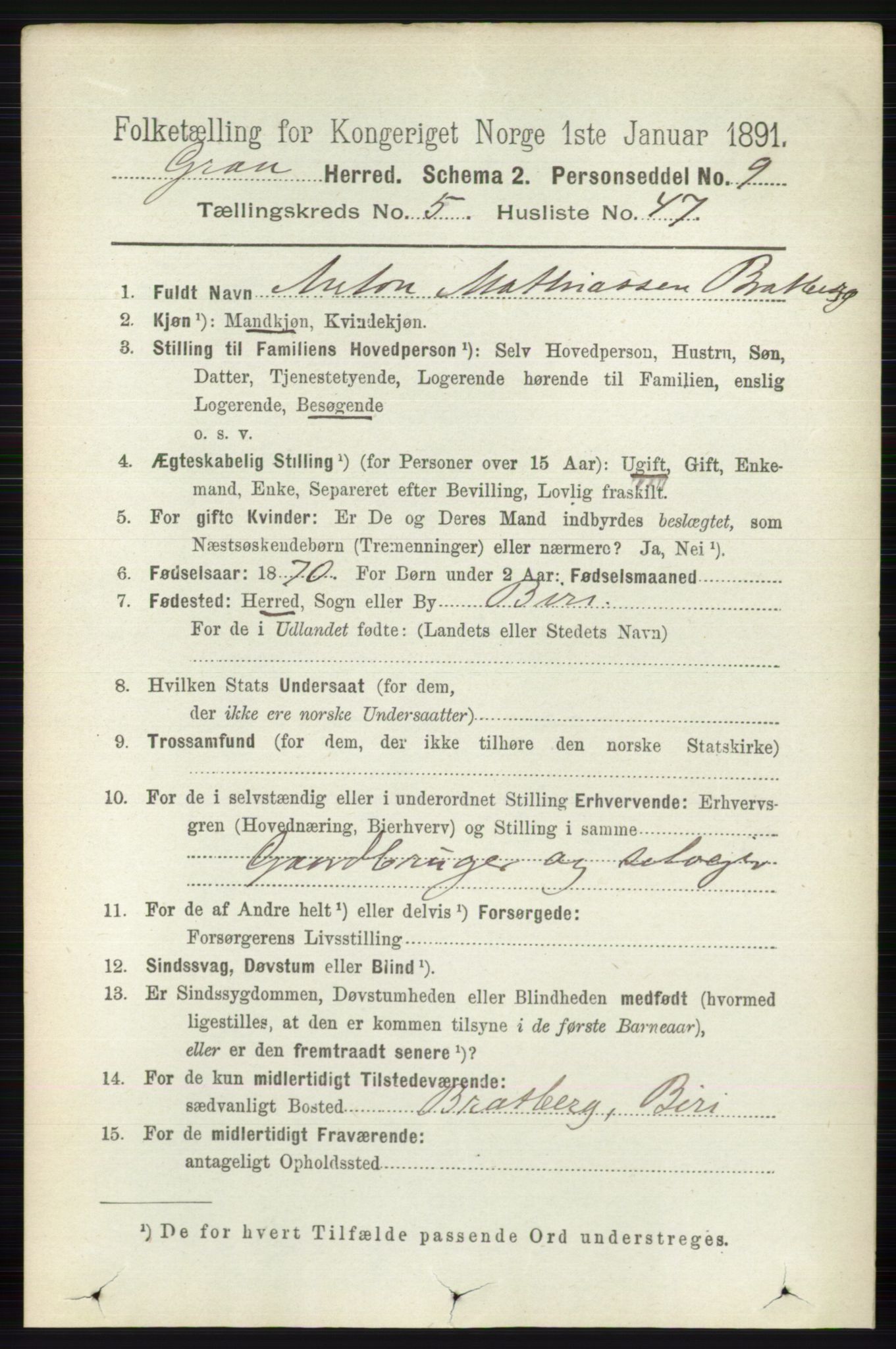 RA, 1891 census for 0534 Gran, 1891, p. 1893