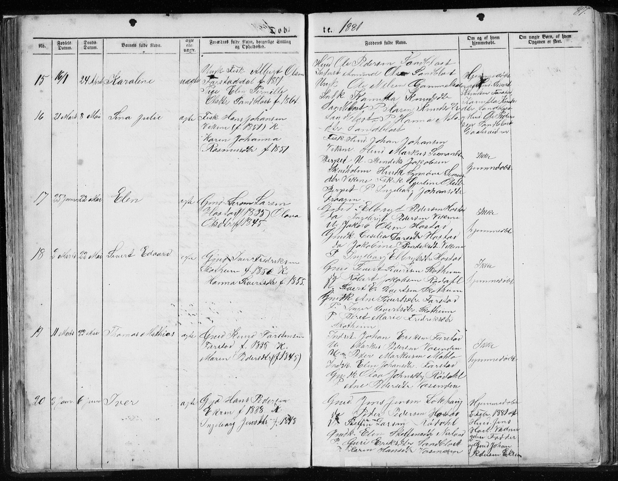 Ministerialprotokoller, klokkerbøker og fødselsregistre - Møre og Romsdal, AV/SAT-A-1454/567/L0782: Parish register (copy) no. 567C02, 1867-1886, p. 87