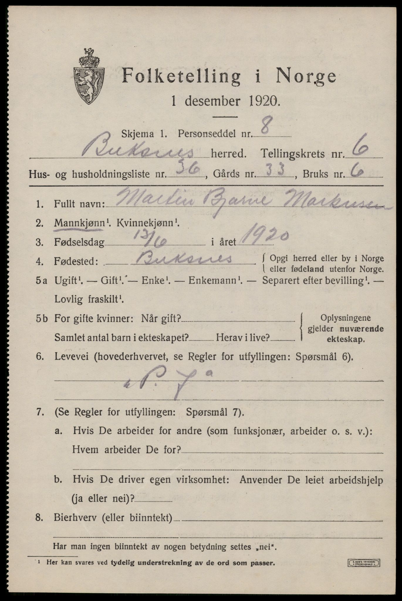 SAT, 1920 census for Buksnes, 1920, p. 6472