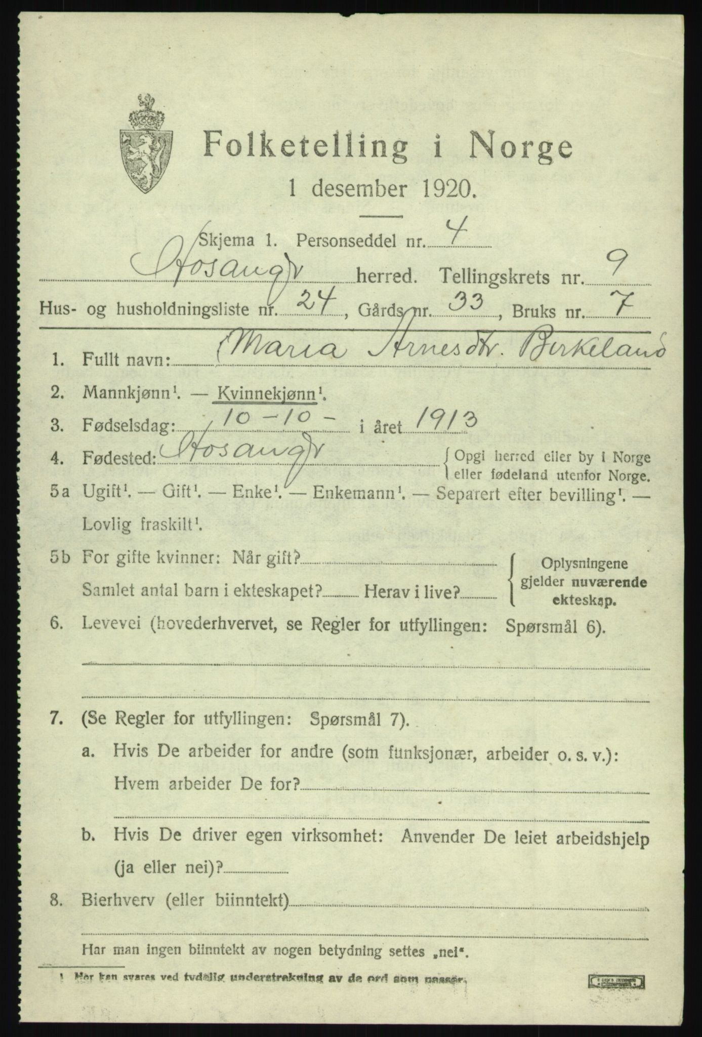 SAB, 1920 census for Hosanger, 1920, p. 4185