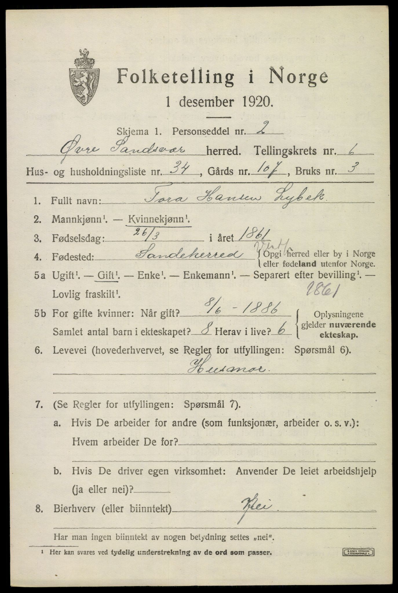 SAKO, 1920 census for Øvre Sandsvær, 1920, p. 3736