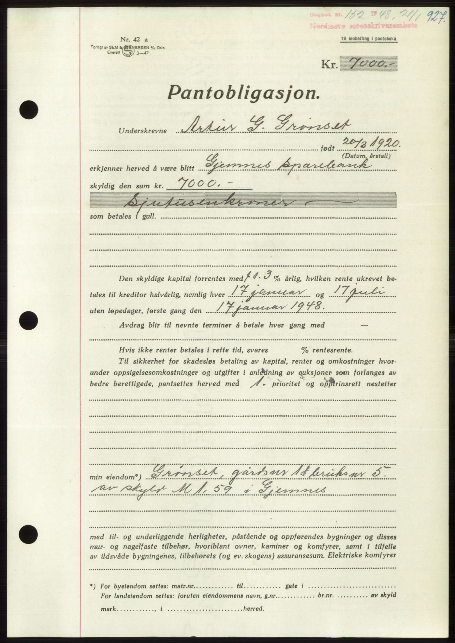 Nordmøre sorenskriveri, AV/SAT-A-4132/1/2/2Ca: Mortgage book no. B97, 1947-1948, Diary no: : 152/1948