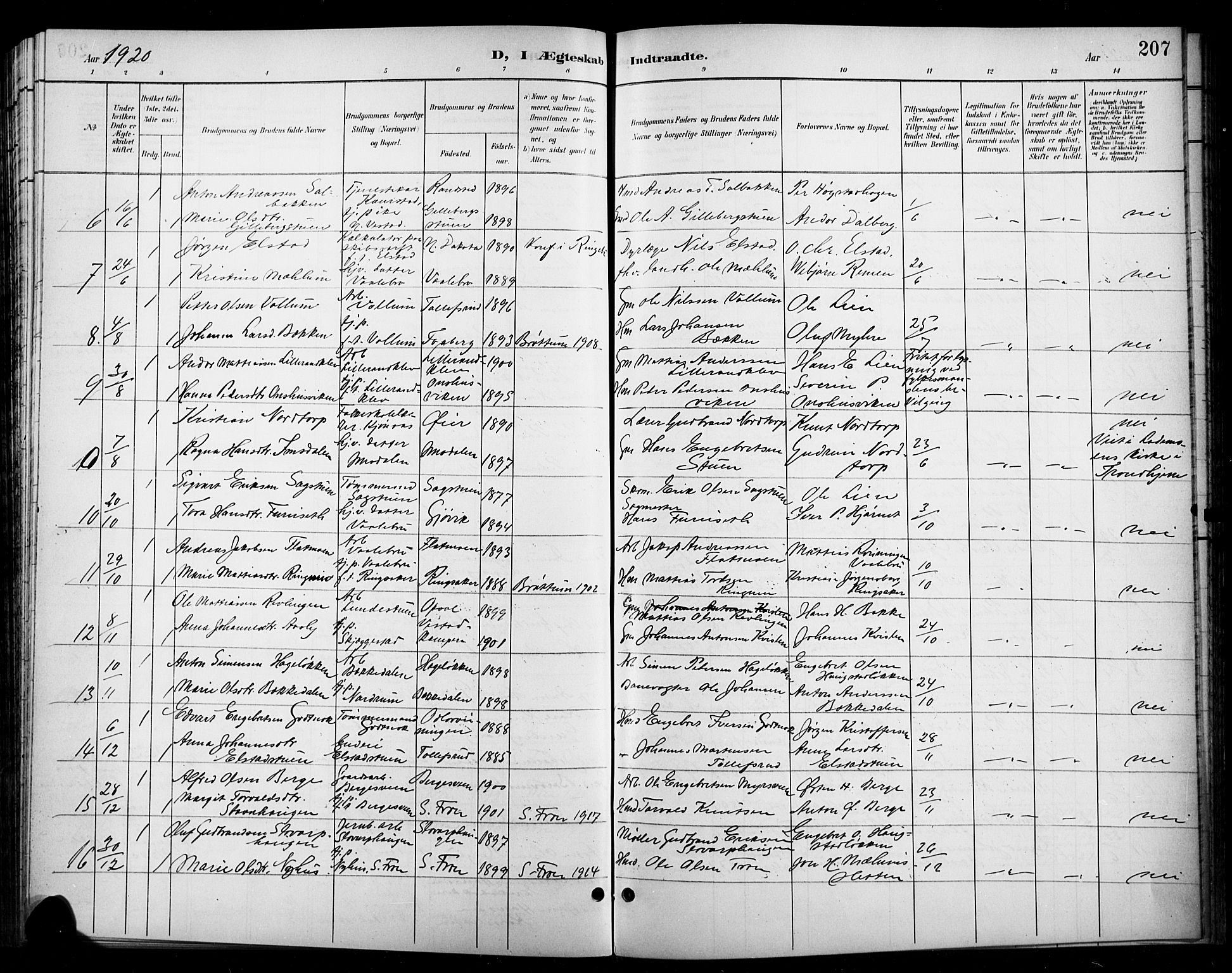 Ringebu prestekontor, AV/SAH-PREST-082/H/Ha/Hab/L0009: Parish register (copy) no. 9, 1899-1921, p. 207