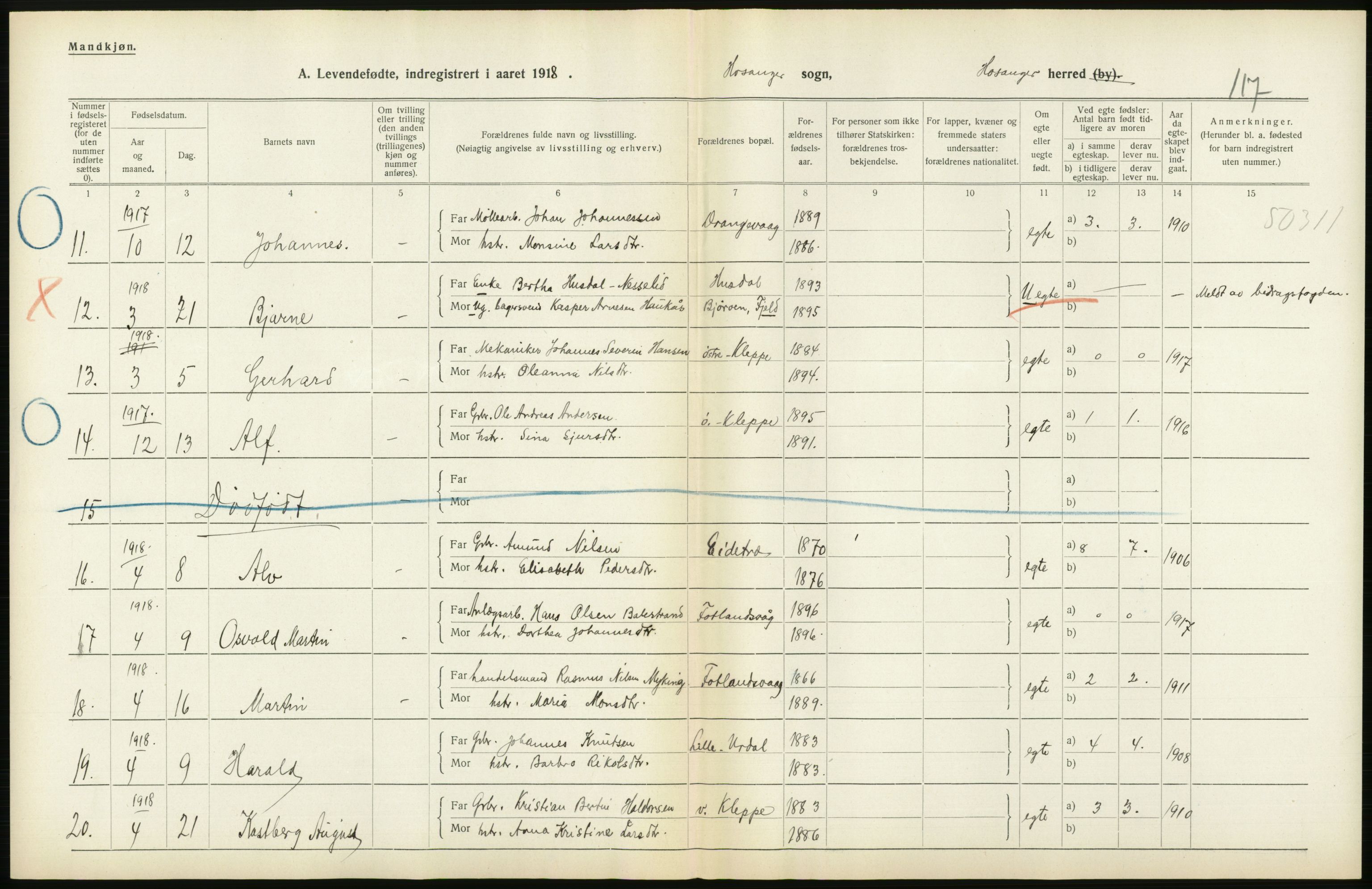 Statistisk sentralbyrå, Sosiodemografiske emner, Befolkning, RA/S-2228/D/Df/Dfb/Dfbh/L0034: Hordaland fylke: Levendefødte menn og kvinner. Bygder., 1918, p. 184