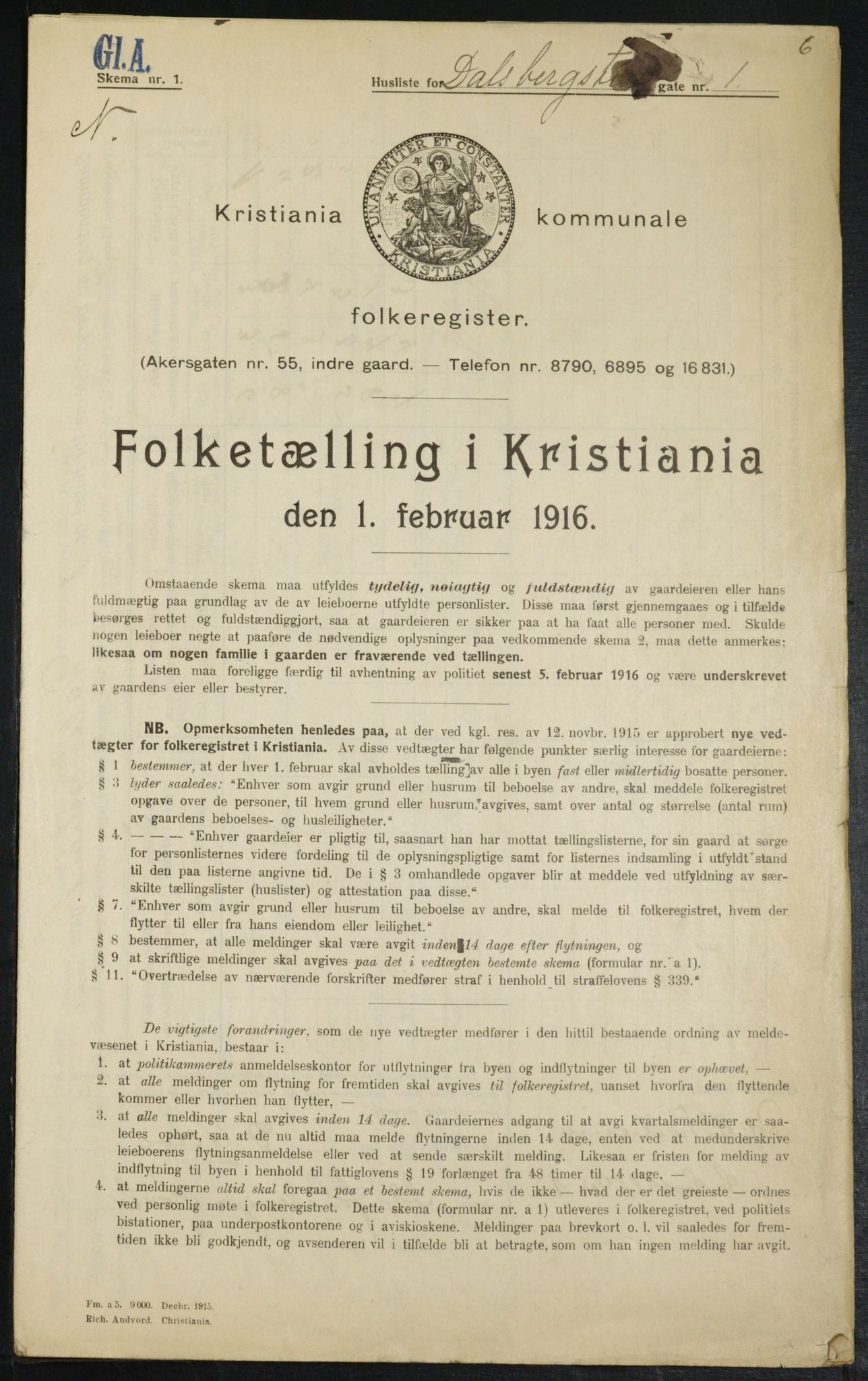 OBA, Municipal Census 1916 for Kristiania, 1916, p. 14068