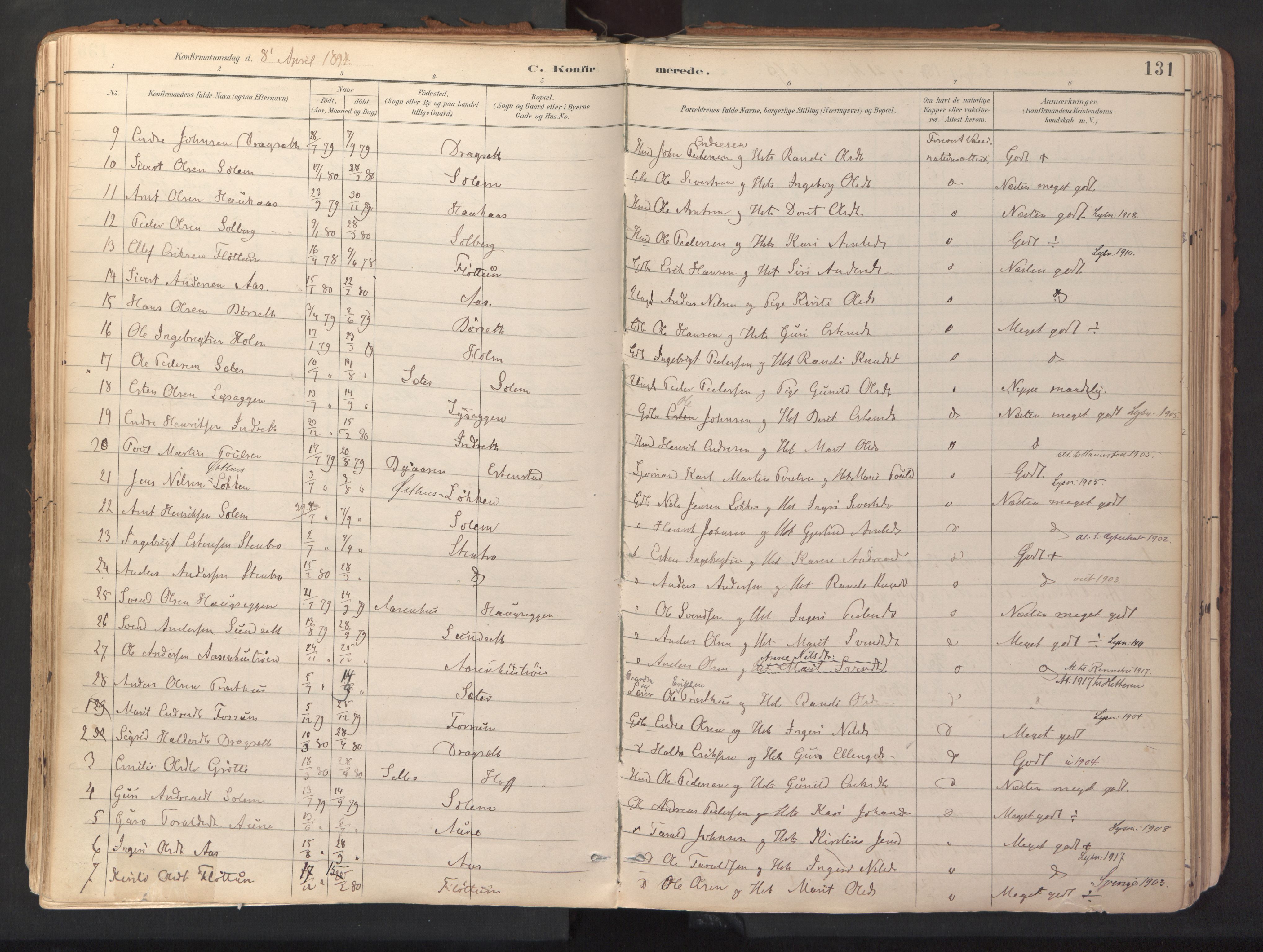 Ministerialprotokoller, klokkerbøker og fødselsregistre - Sør-Trøndelag, SAT/A-1456/689/L1041: Parish register (official) no. 689A06, 1891-1923, p. 131