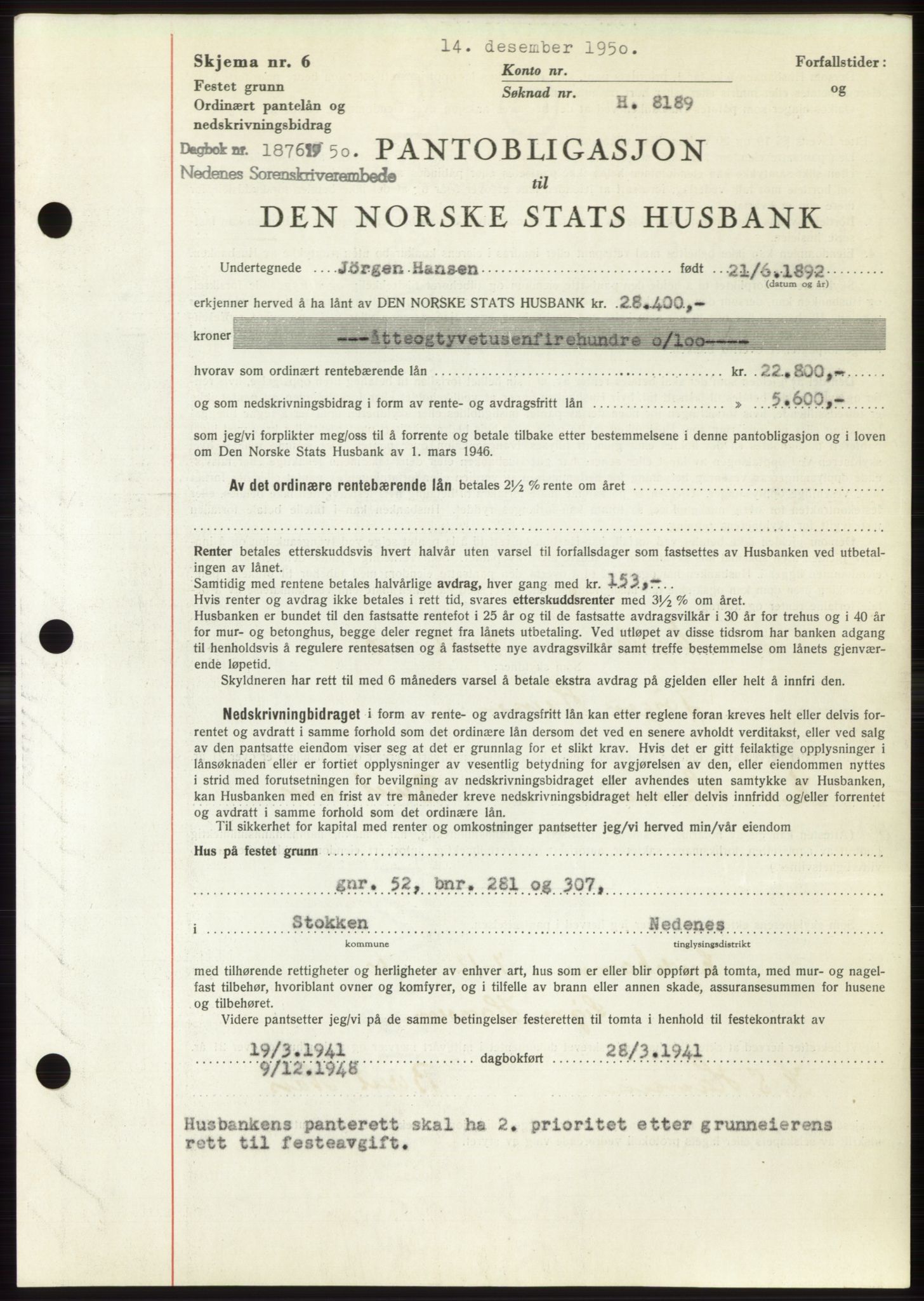 Nedenes sorenskriveri, AV/SAK-1221-0006/G/Gb/Gbb/L0008: Mortgage book no. B8, 1950-1950, Diary no: : 1876/1950