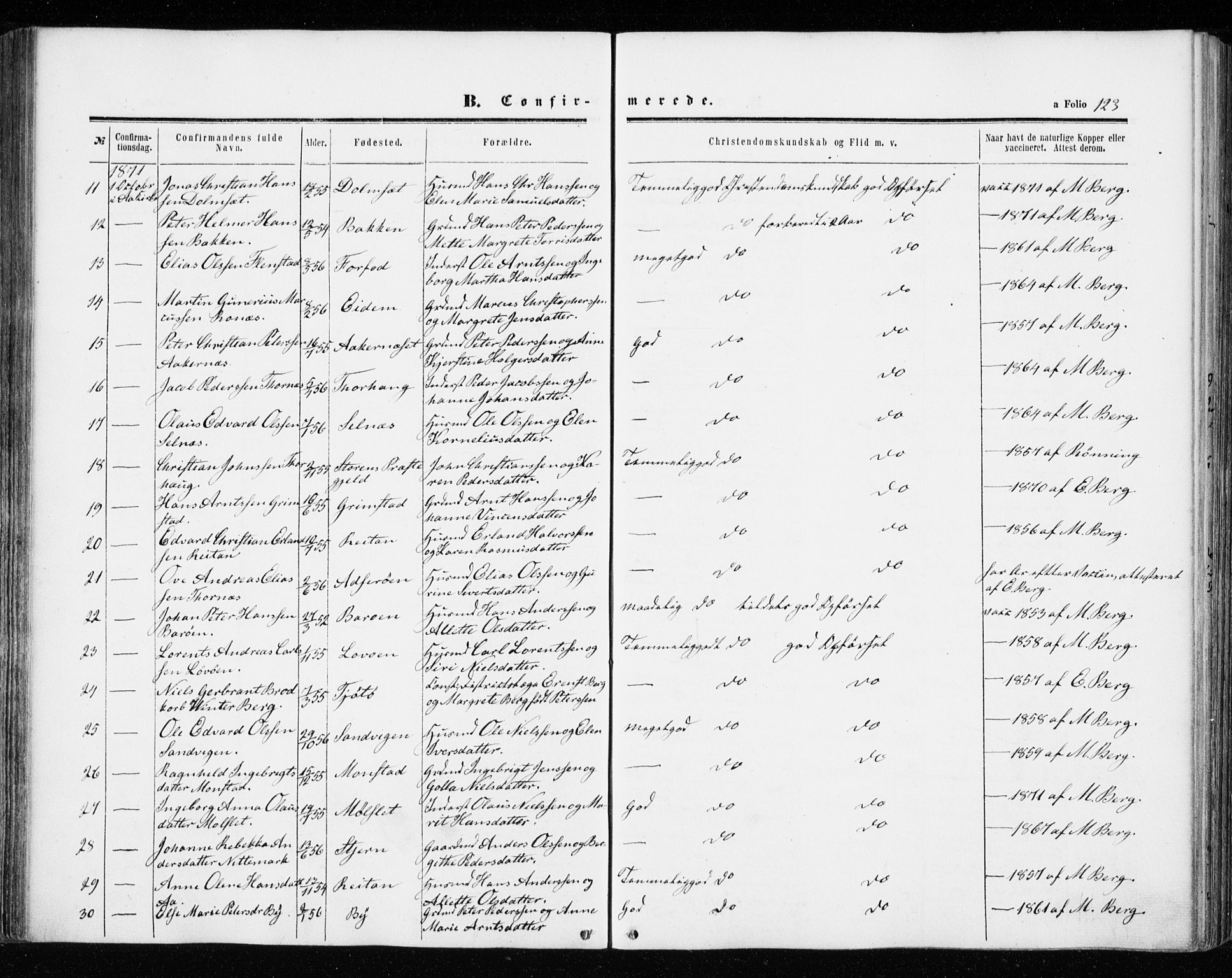 Ministerialprotokoller, klokkerbøker og fødselsregistre - Sør-Trøndelag, SAT/A-1456/655/L0678: Parish register (official) no. 655A07, 1861-1873, p. 123