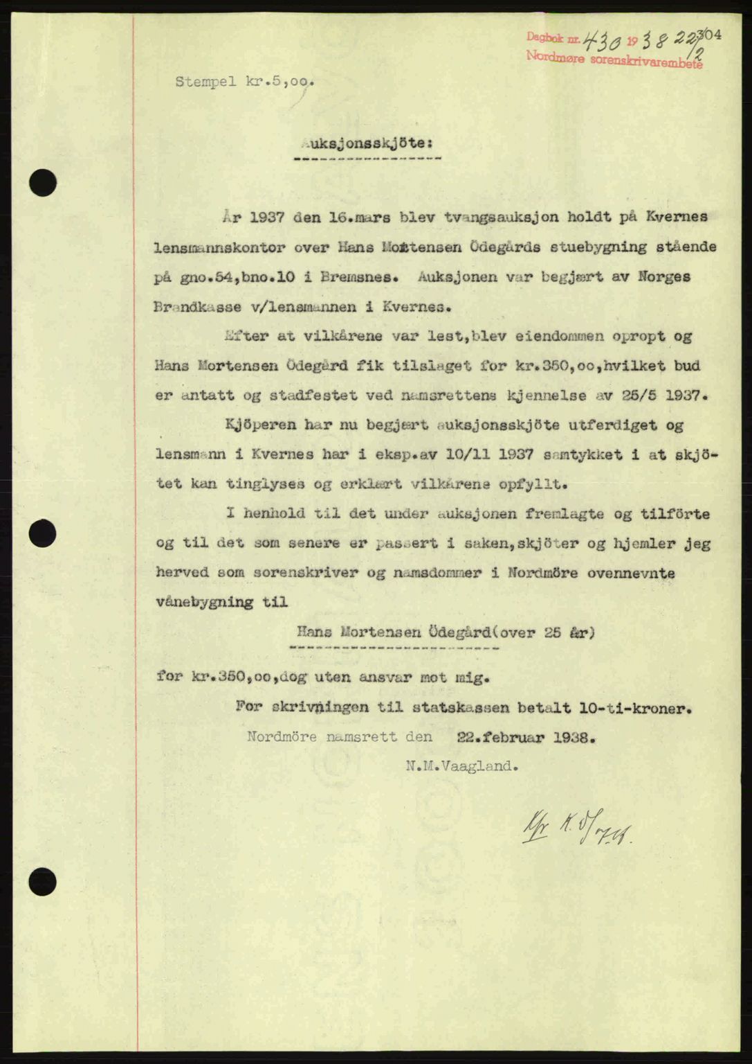 Nordmøre sorenskriveri, AV/SAT-A-4132/1/2/2Ca: Mortgage book no. A83, 1938-1938, Diary no: : 430/1938