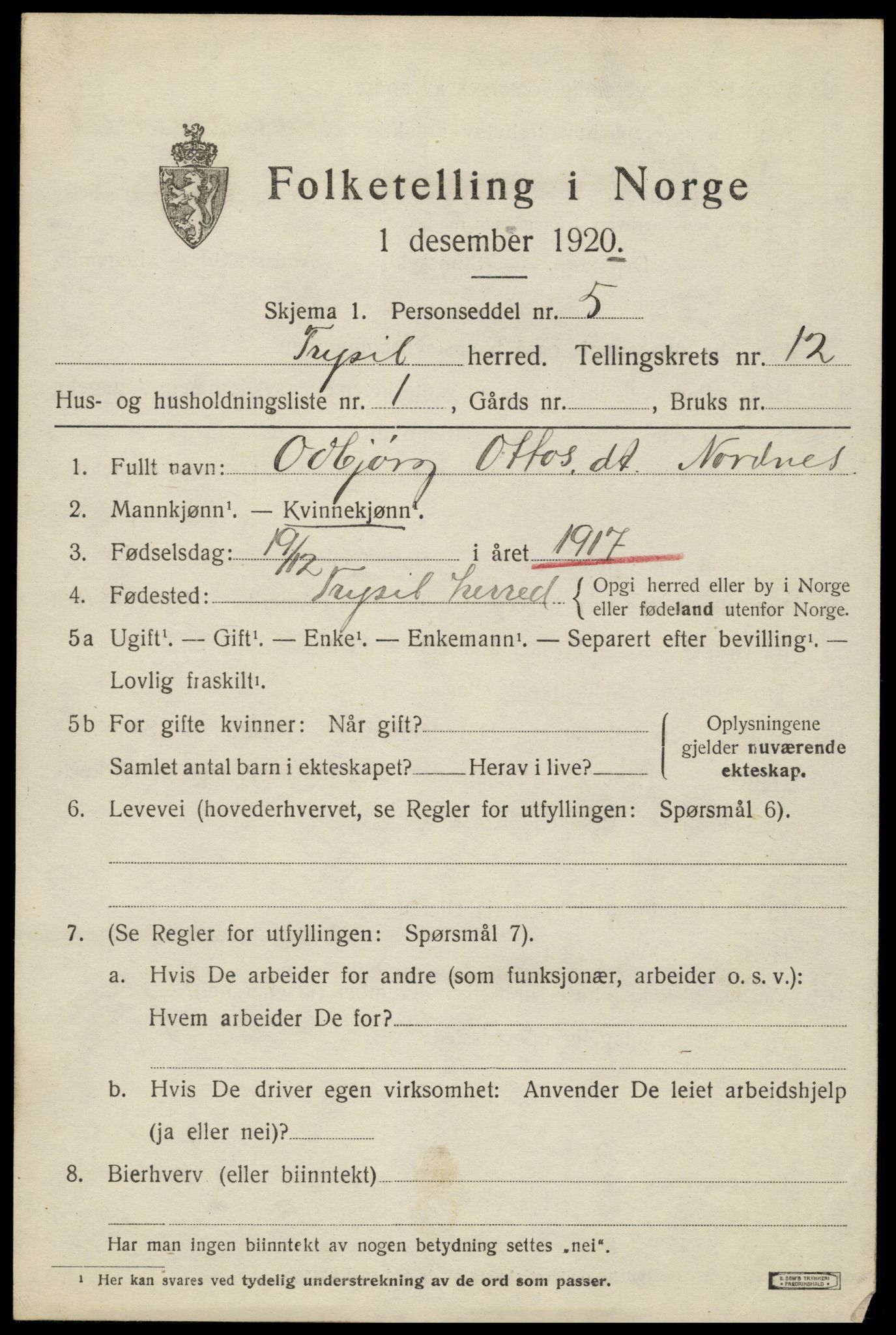 SAH, 1920 census for Trysil, 1920, p. 7117