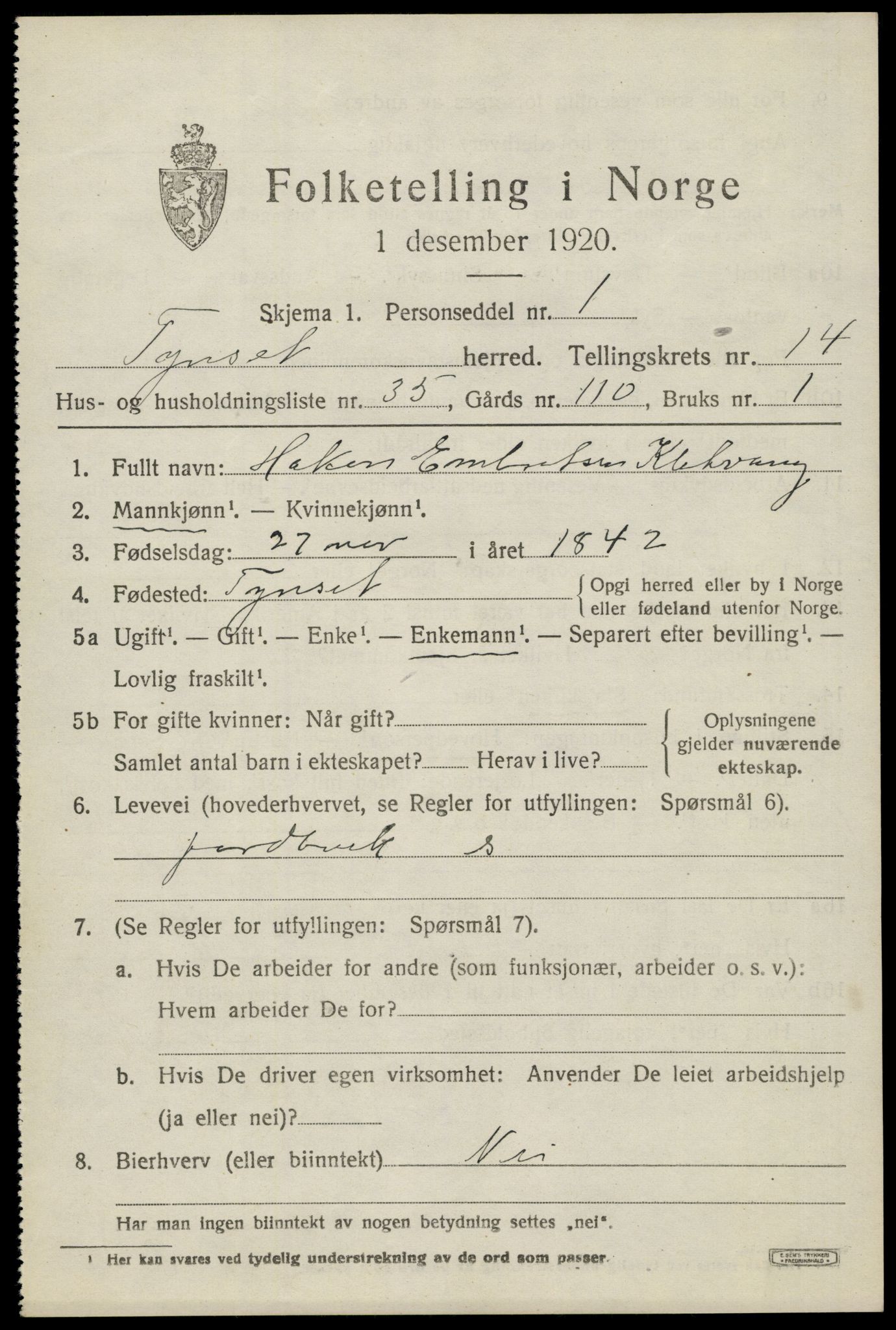 SAH, 1920 census for Tynset, 1920, p. 9204