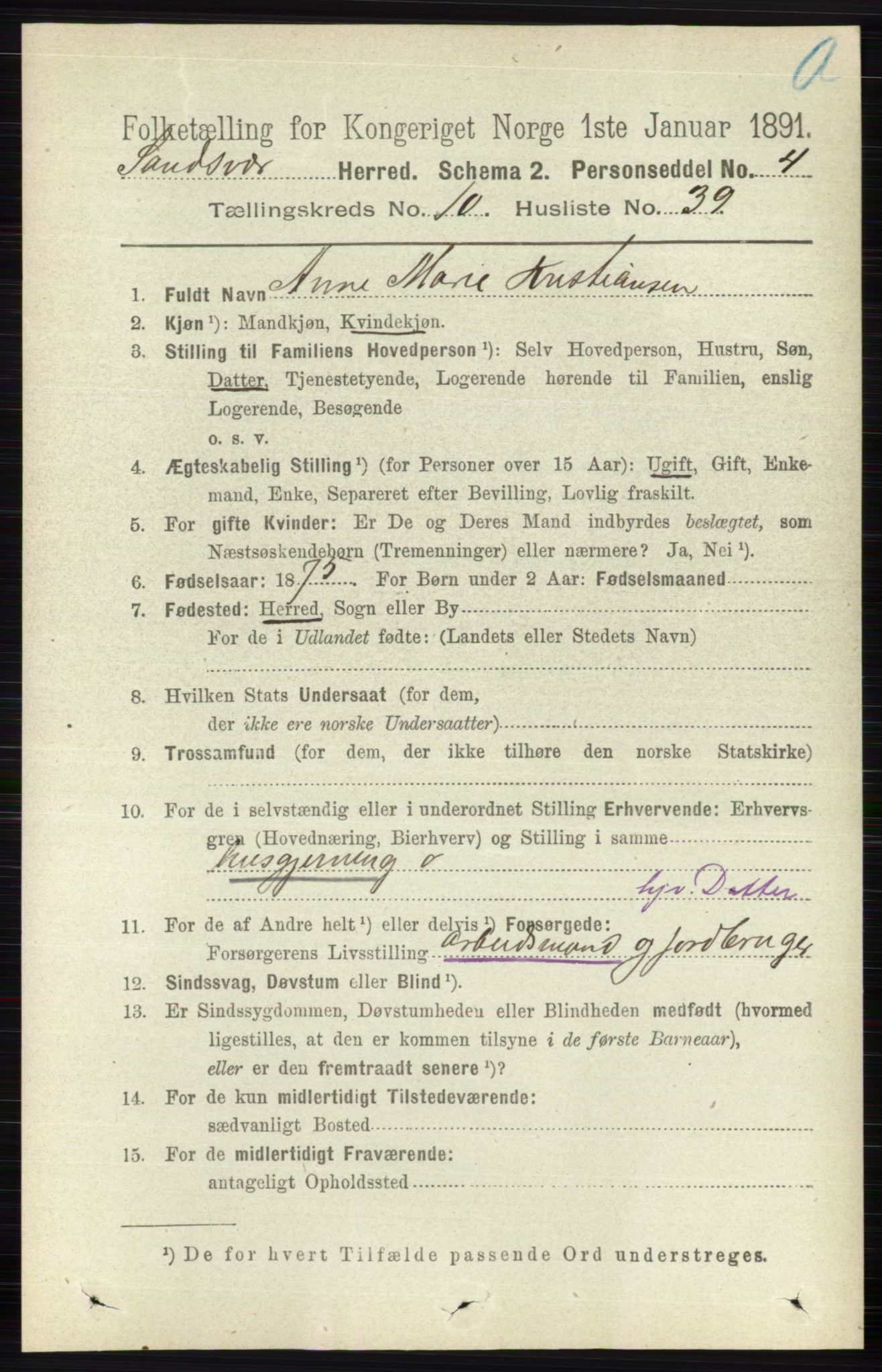 RA, 1891 census for 0629 Sandsvær, 1891, p. 5150