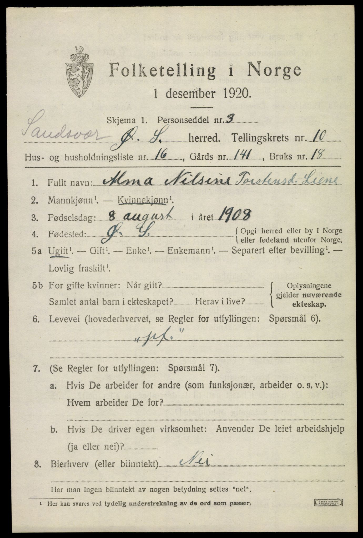 SAKO, 1920 census for Øvre Sandsvær, 1920, p. 5722