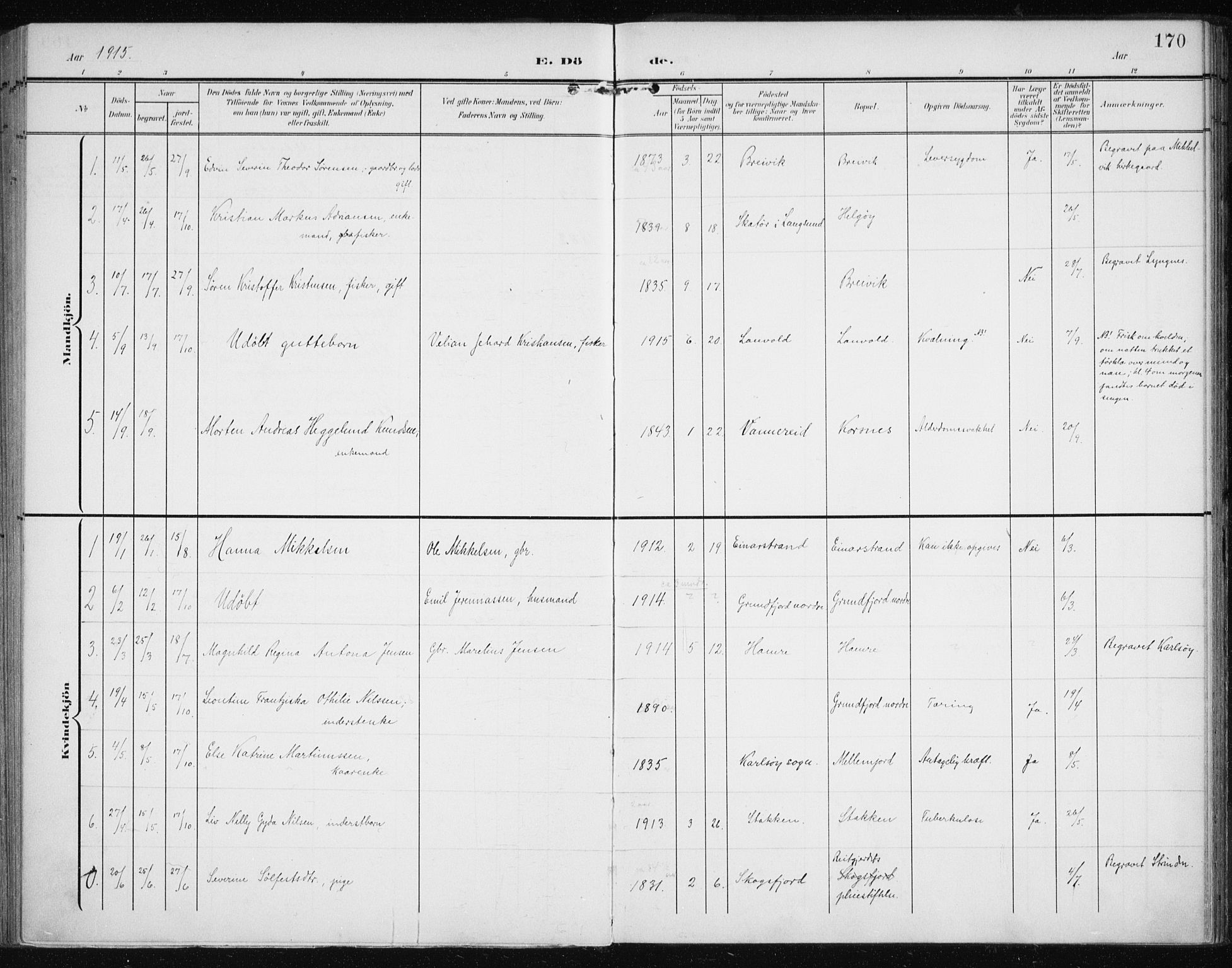 Karlsøy sokneprestembete, AV/SATØ-S-1299/H/Ha/Haa/L0013kirke: Parish register (official) no. 13, 1902-1916, p. 170