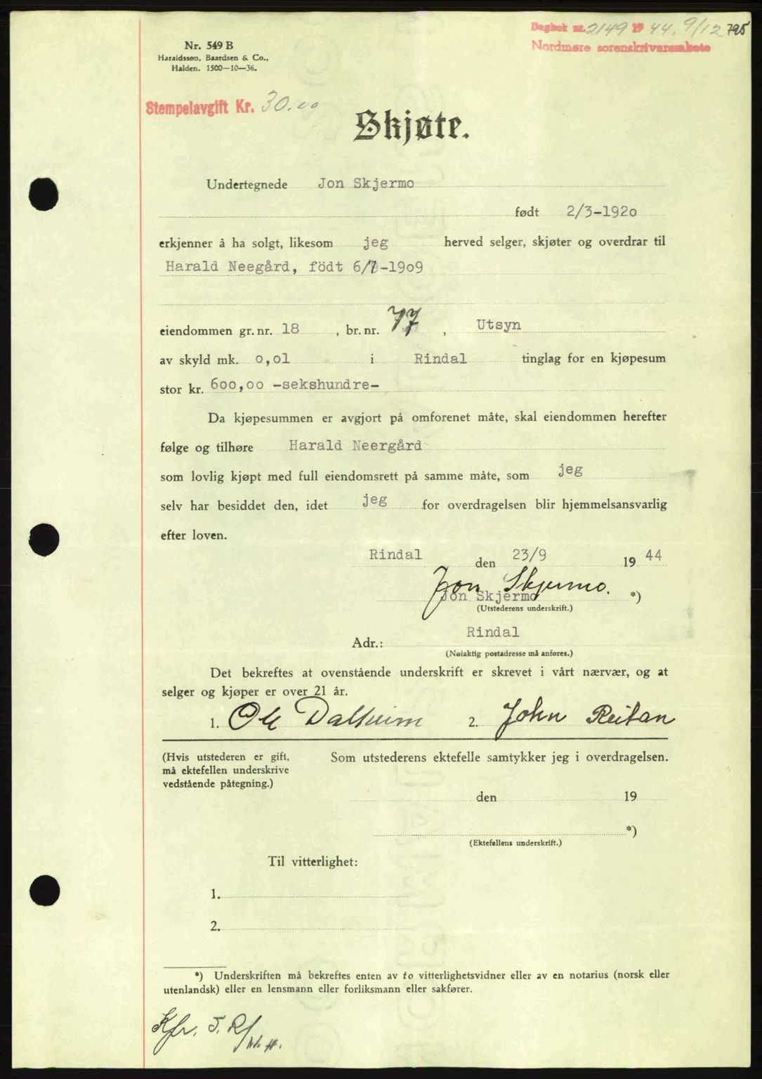 Nordmøre sorenskriveri, AV/SAT-A-4132/1/2/2Ca: Mortgage book no. A98, 1944-1944, Diary no: : 2149/1944