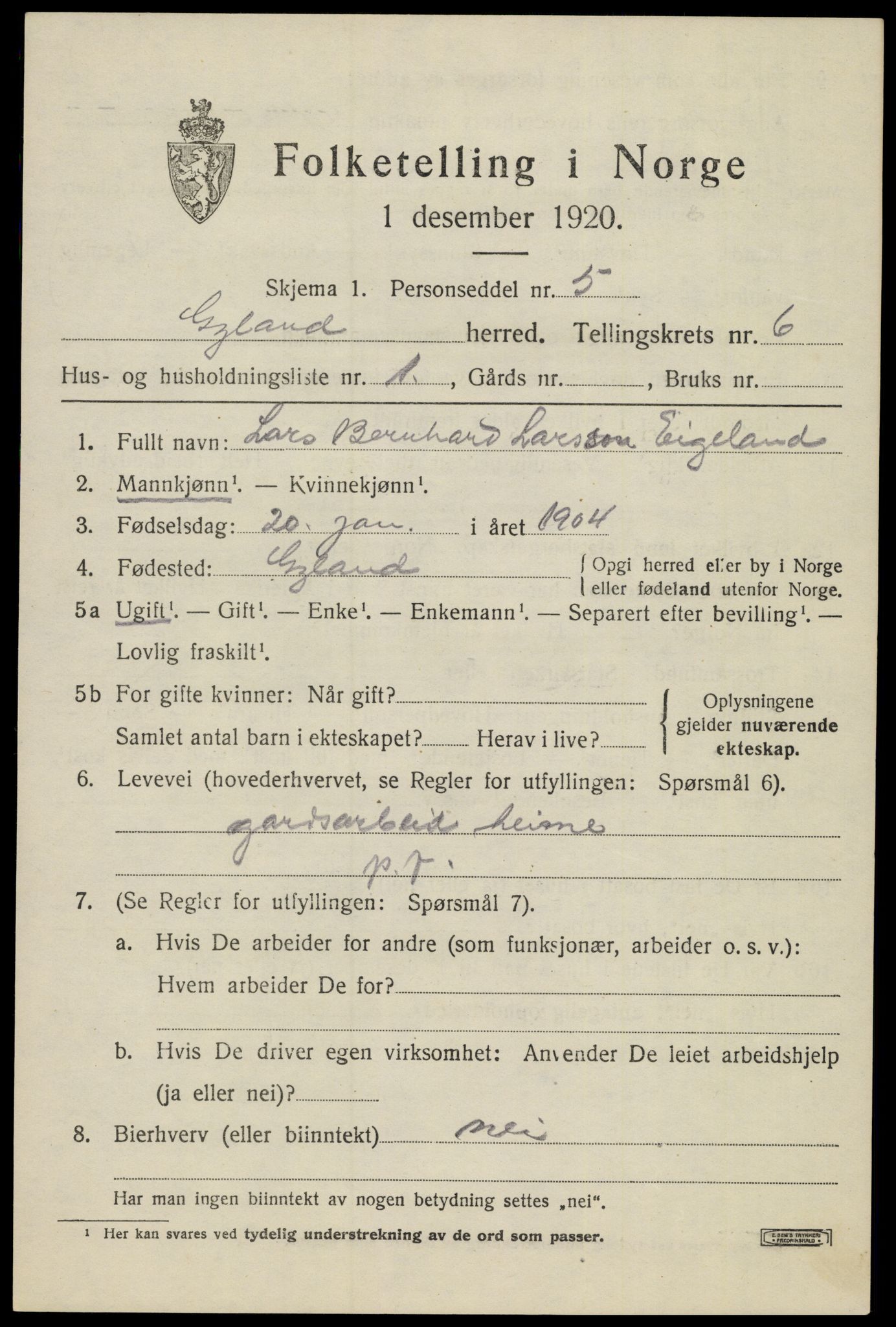 SAK, 1920 census for Gyland, 1920, p. 1328
