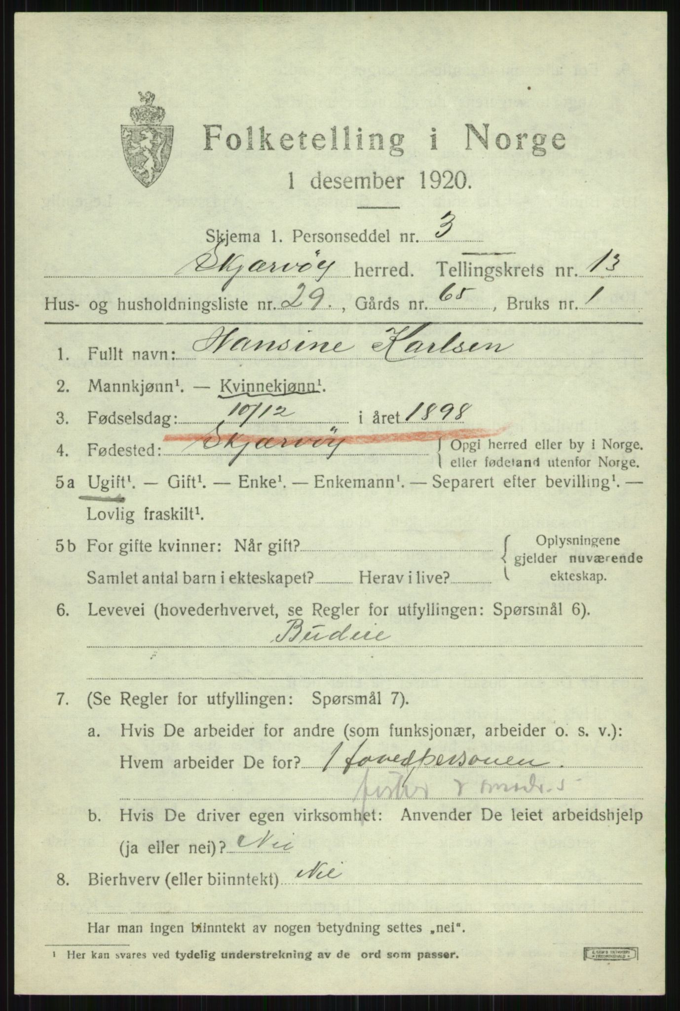 SATØ, 1920 census for Skjervøy, 1920, p. 6733