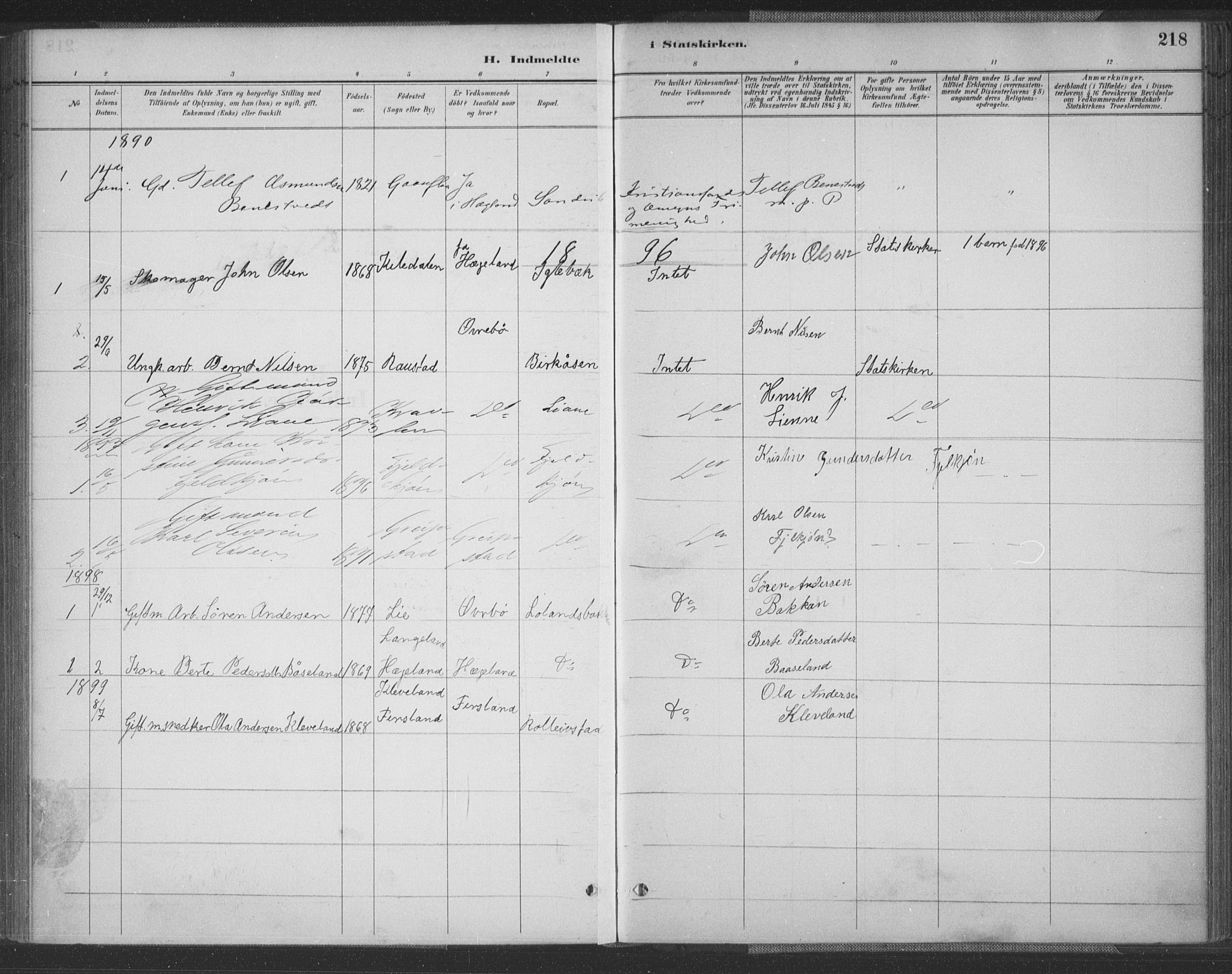 Vennesla sokneprestkontor, AV/SAK-1111-0045/Fa/Fac/L0009: Parish register (official) no. A 9, 1884-1901, p. 218