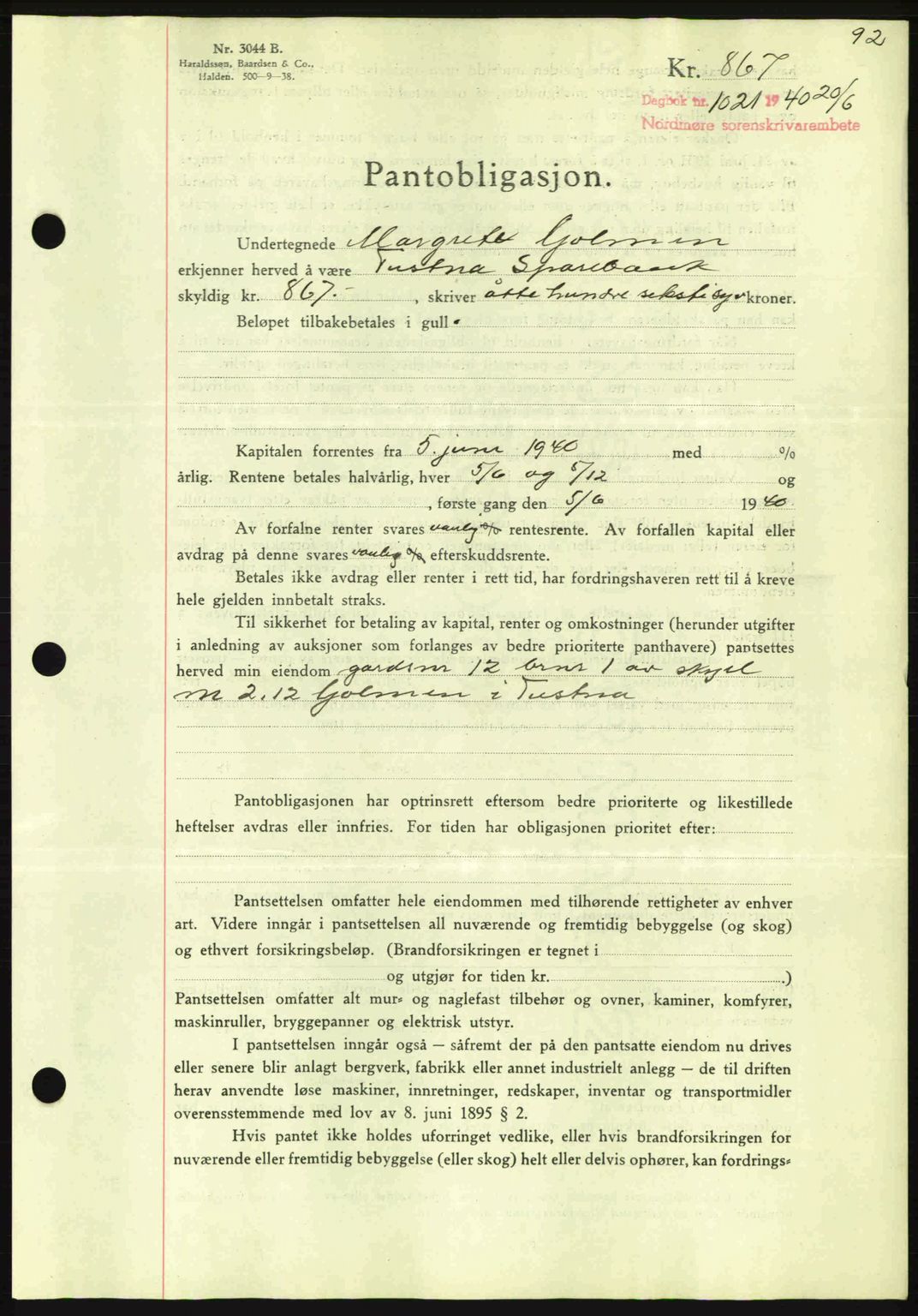 Nordmøre sorenskriveri, AV/SAT-A-4132/1/2/2Ca: Mortgage book no. B87, 1940-1941, Diary no: : 1021/1940