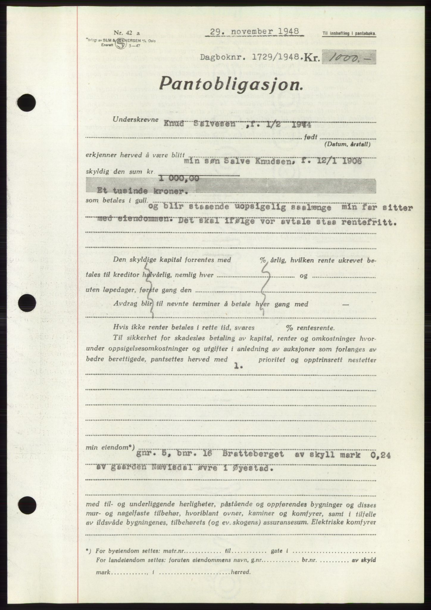 Nedenes sorenskriveri, AV/SAK-1221-0006/G/Gb/Gbb/L0005: Mortgage book no. B5, 1948-1948, Diary no: : 1729/1948