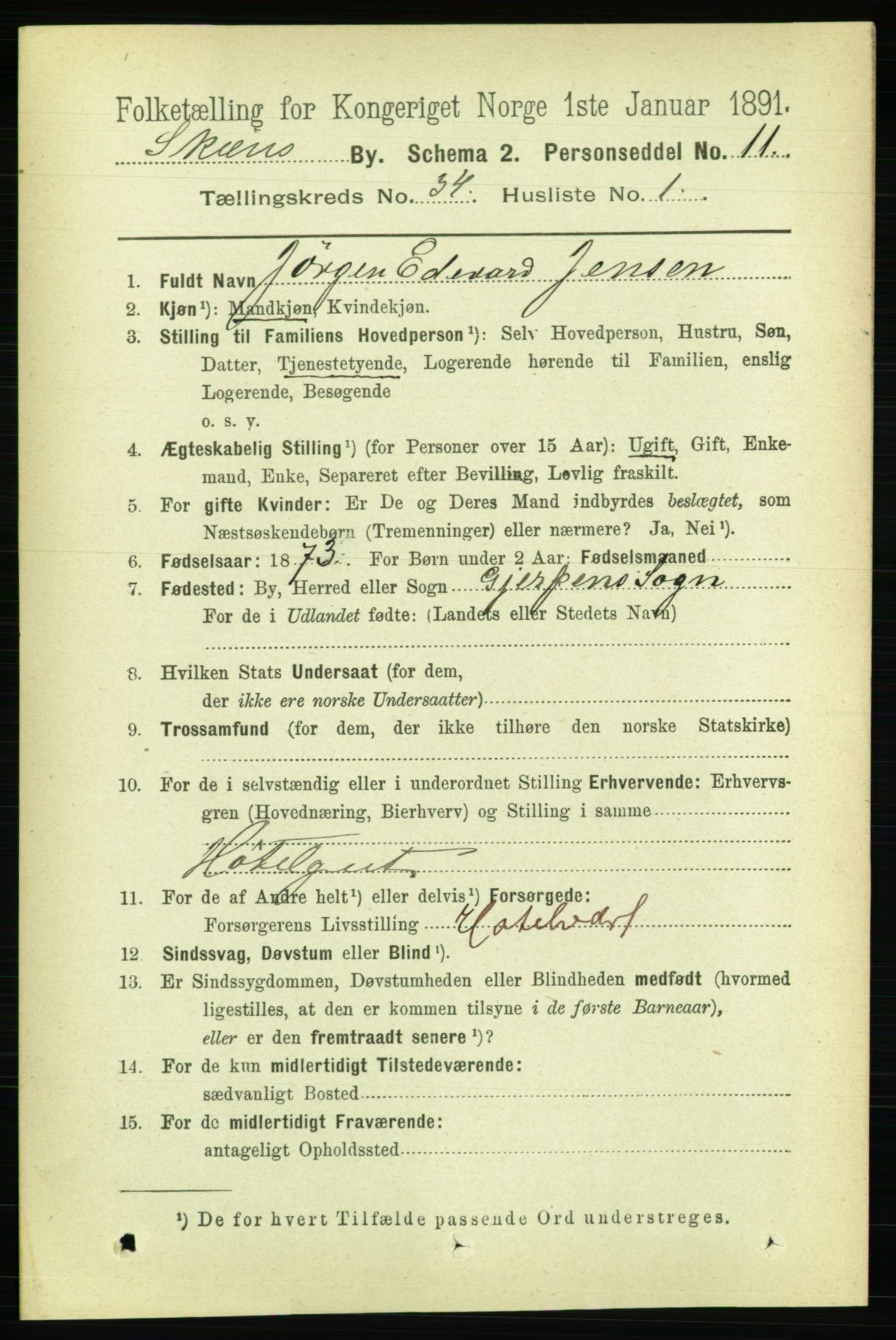 RA, 1891 census for 0806 Skien, 1891, p. 7718